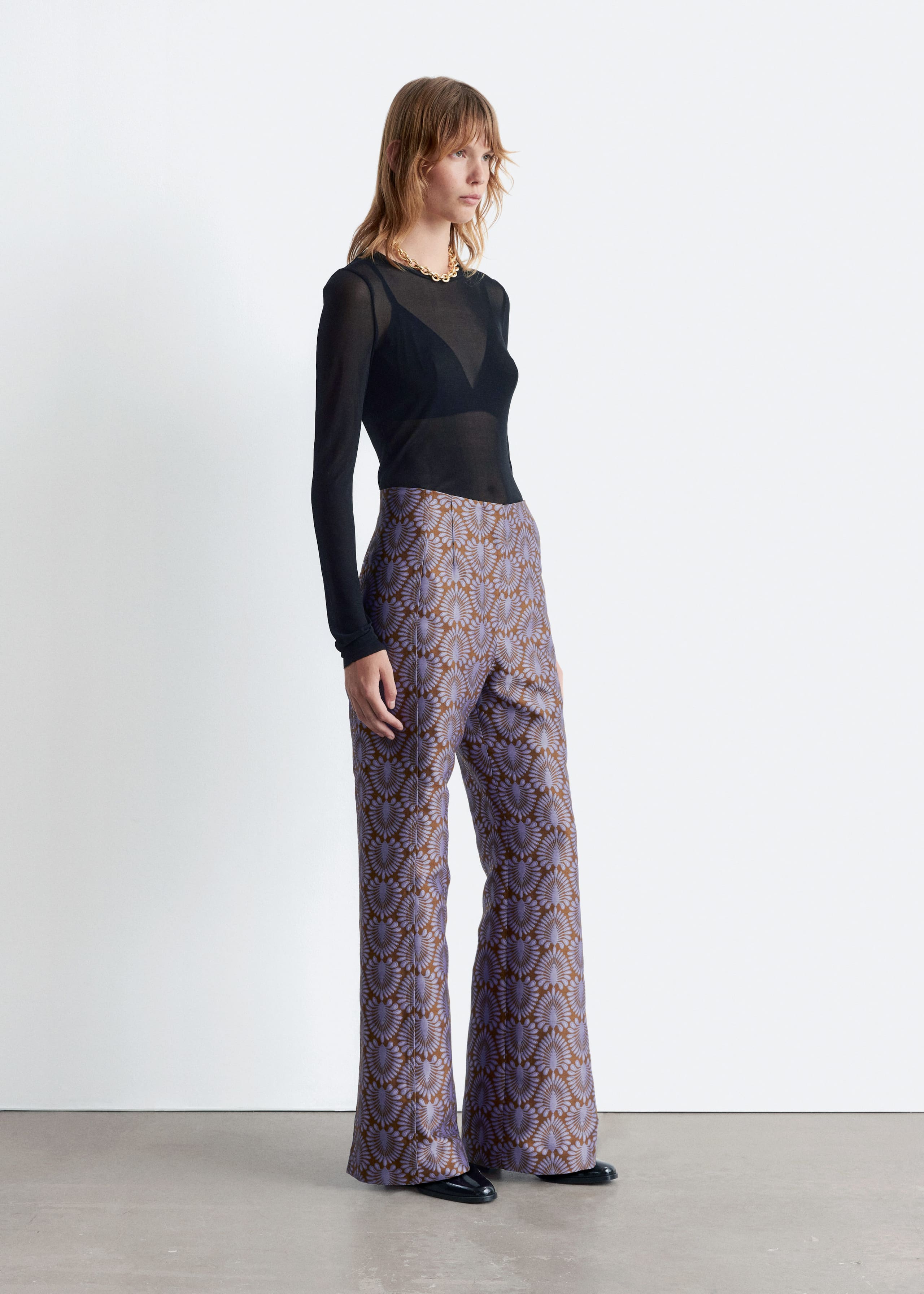 Image of Flared Satin Jacquard Trousers