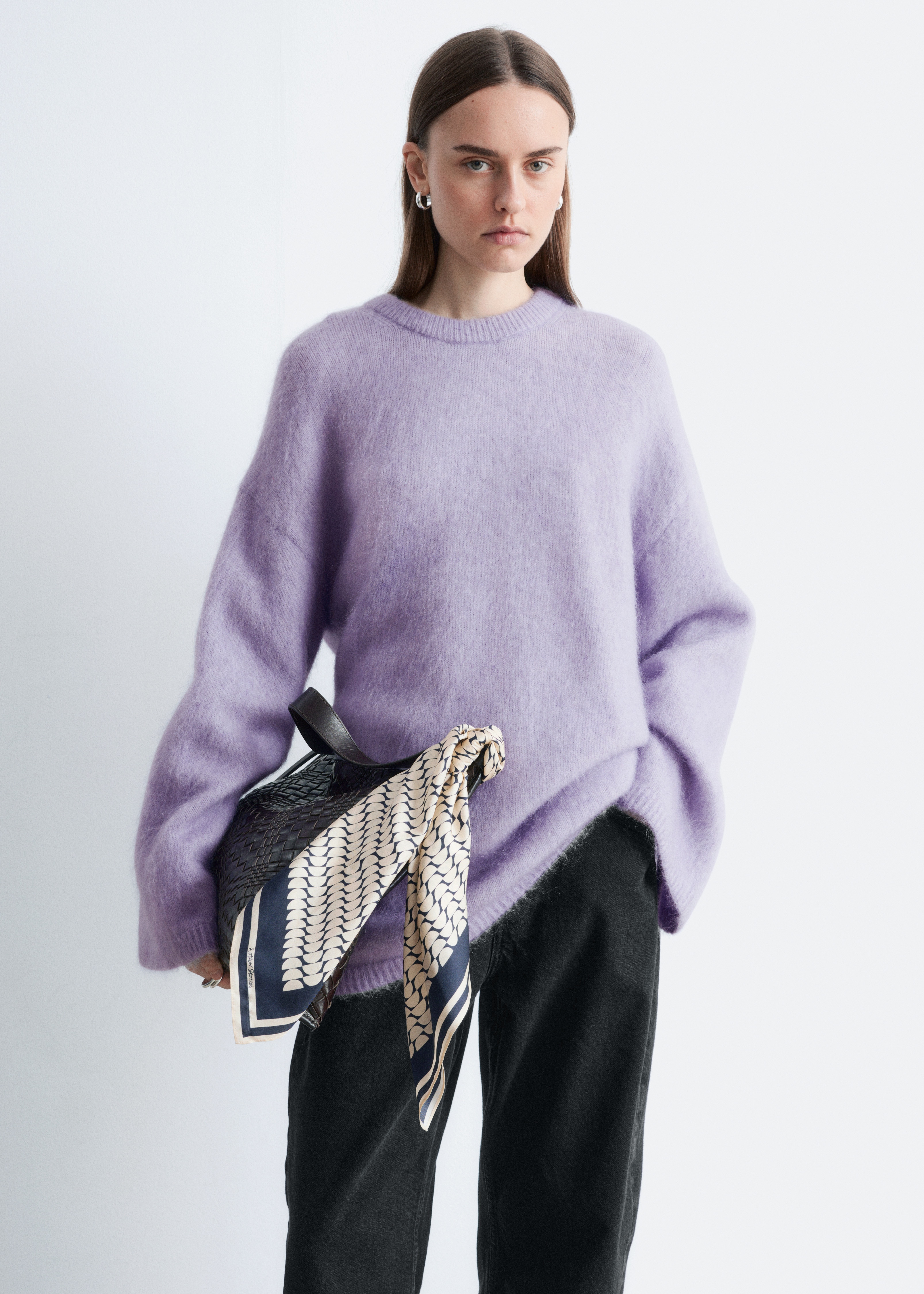 Sweter oversized z mieszanki z moherem - Liliowy