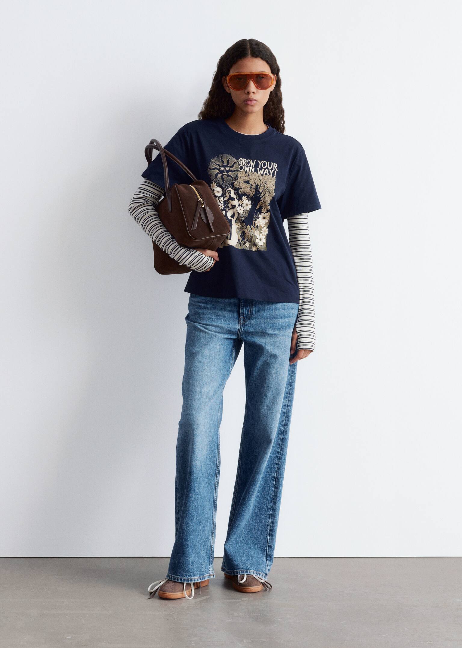 Katoenen T-shirt - Donkerblauw/print/Wit met print