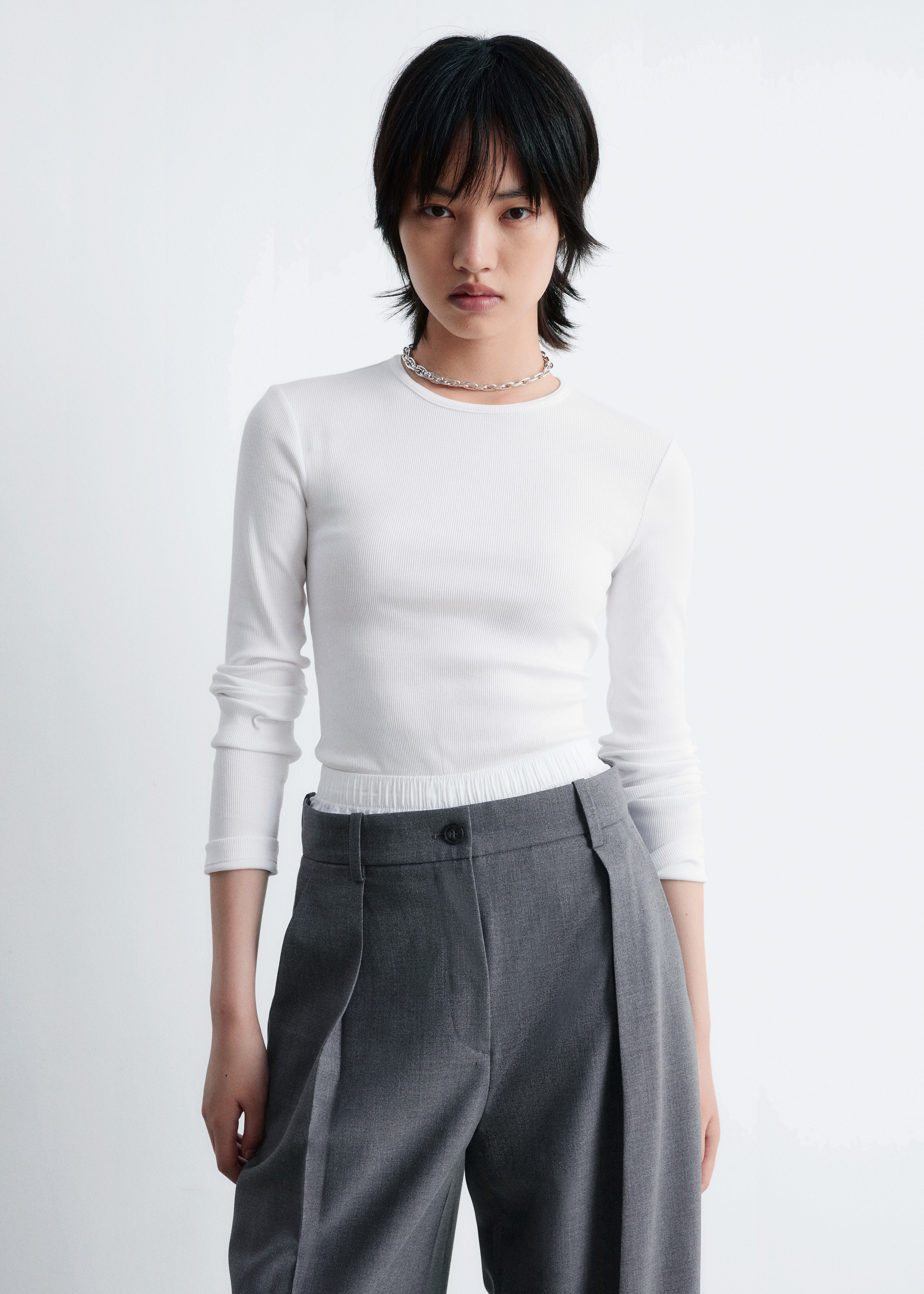 Rebrovaný top s dlhým rukávom - Biela/Black/Svetlosivá/Tmavohnedá