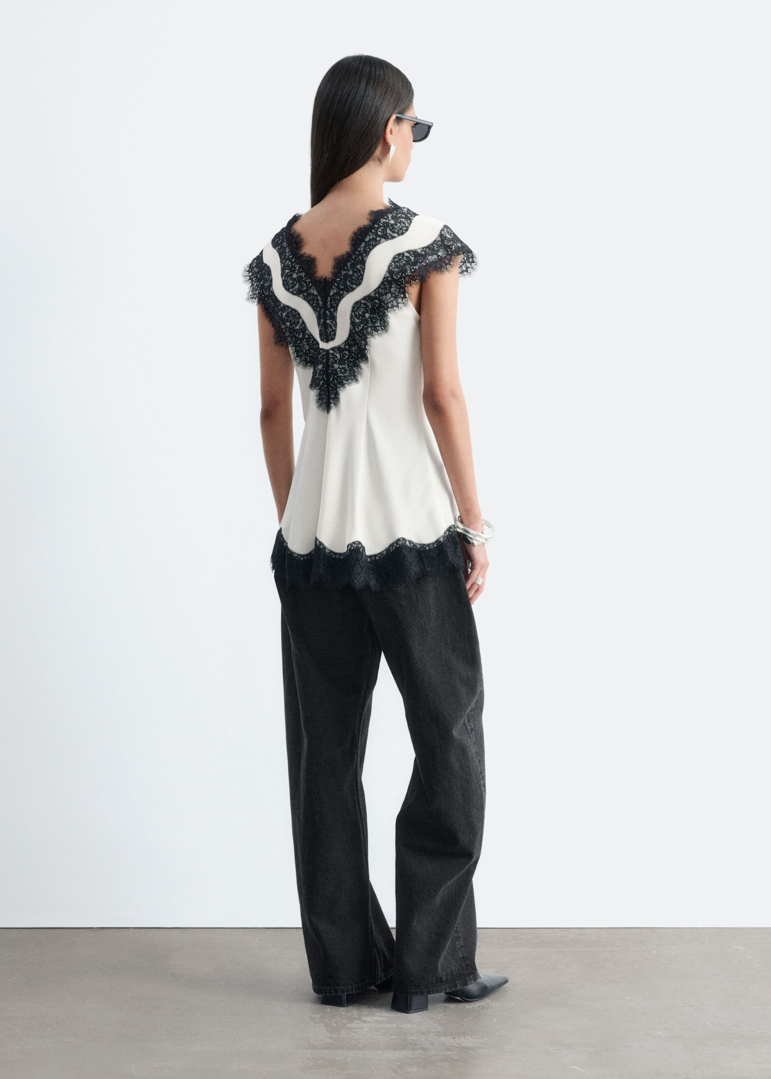 Lace-Trim V-Neck Top - White/Black - Still Life