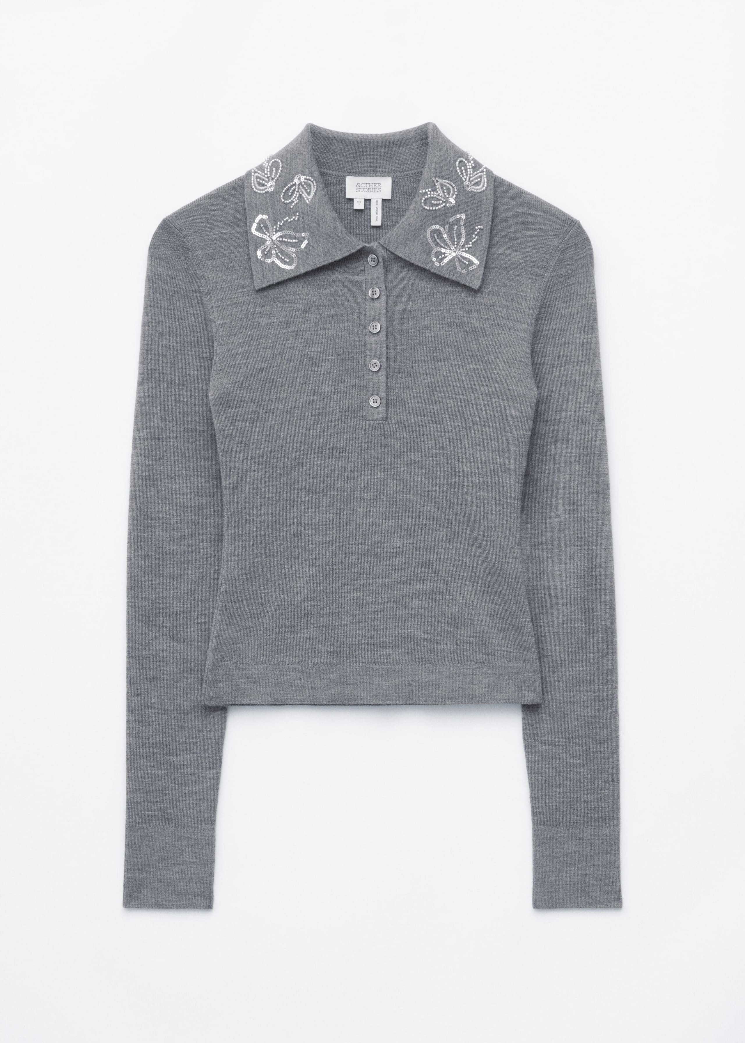 Bestickter Polopullover aus Wolle - Grau - Stillleben