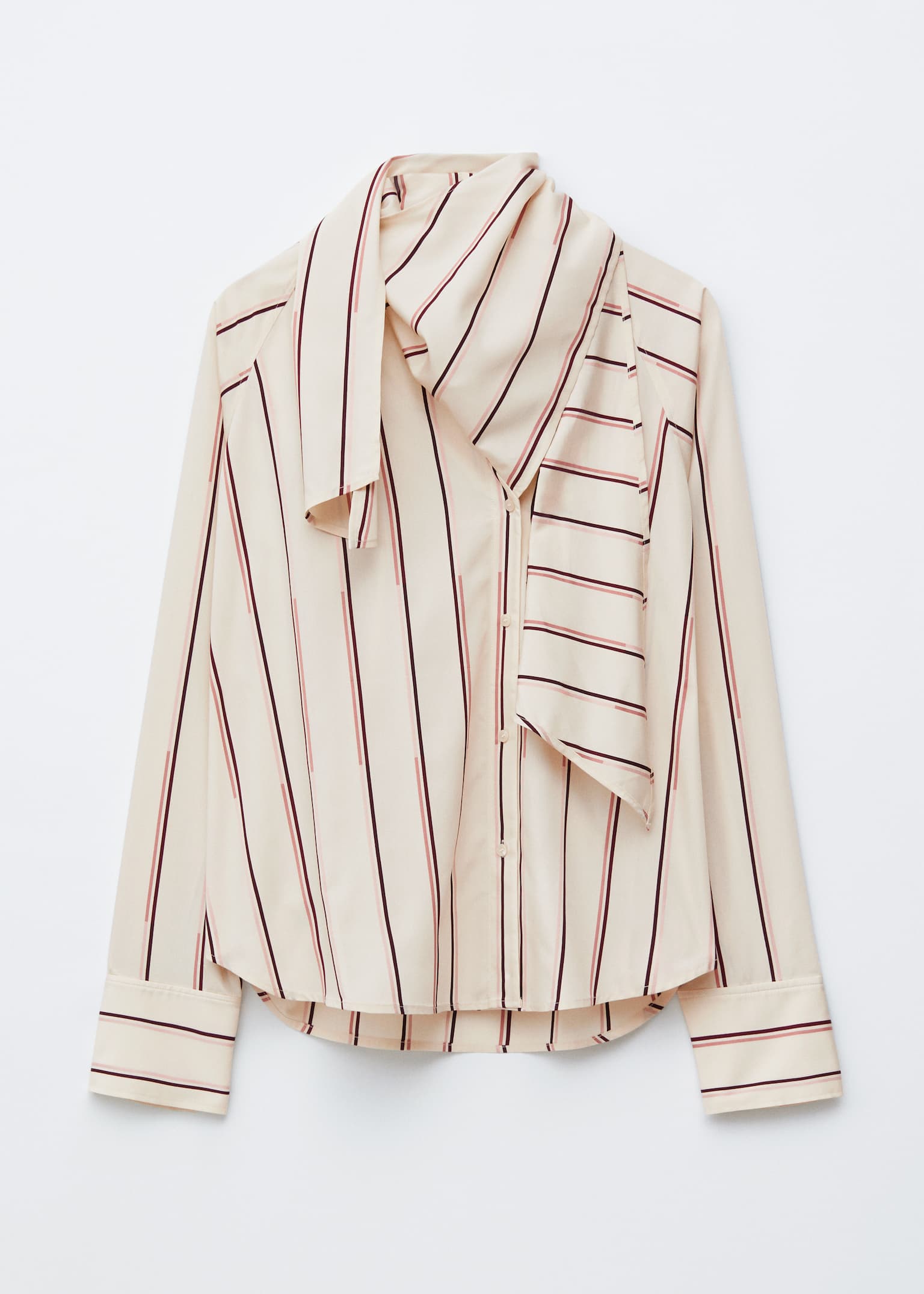 Scarf-Detail Shirt - Beige Stripes/Dark Red - 2