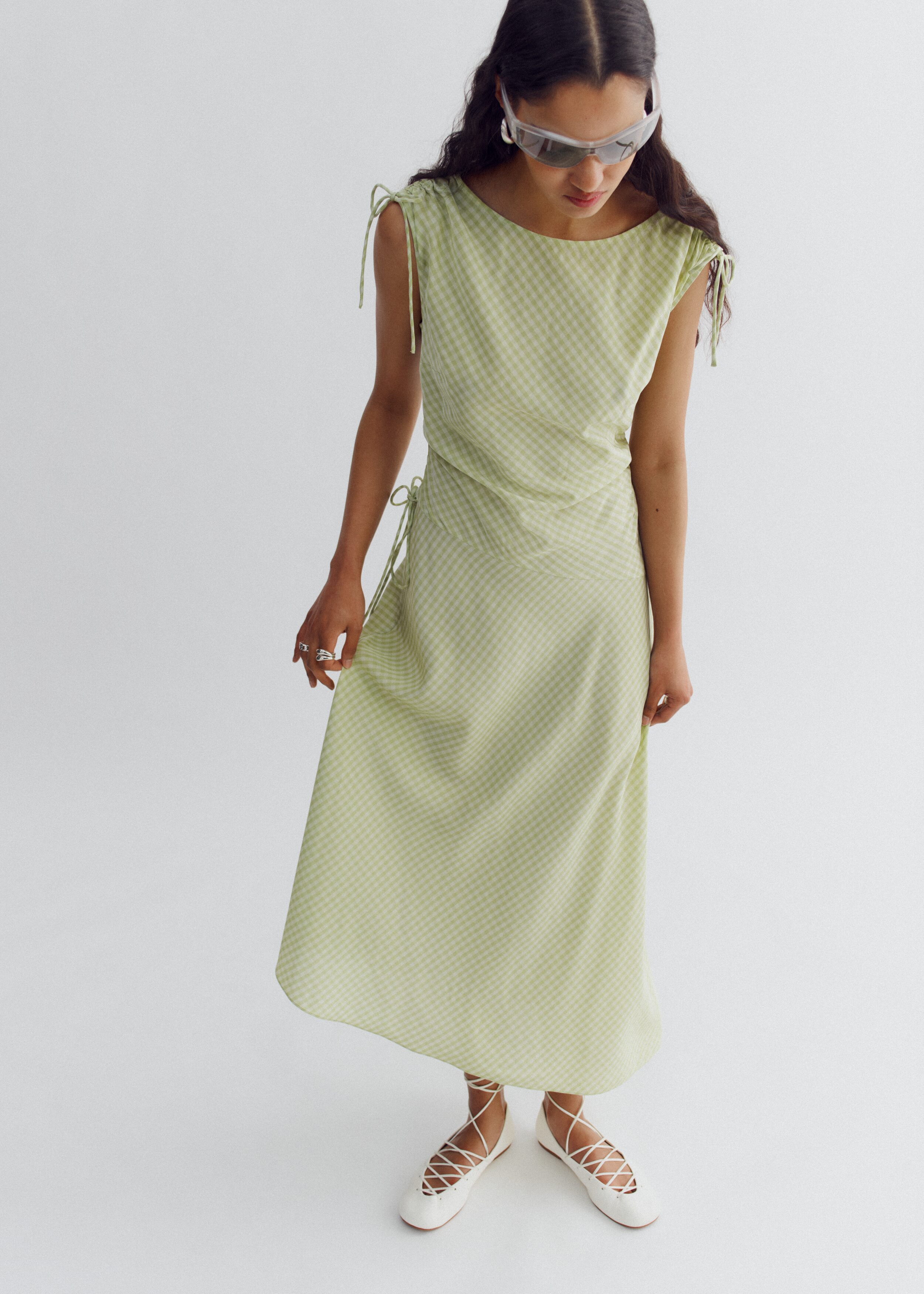 Asymmetric Draped Midi Dress - Light Green/Gingham Checked