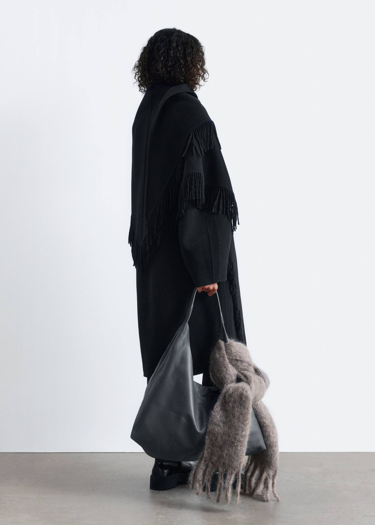Fringed Shawl Wool Coat - Black - 11
