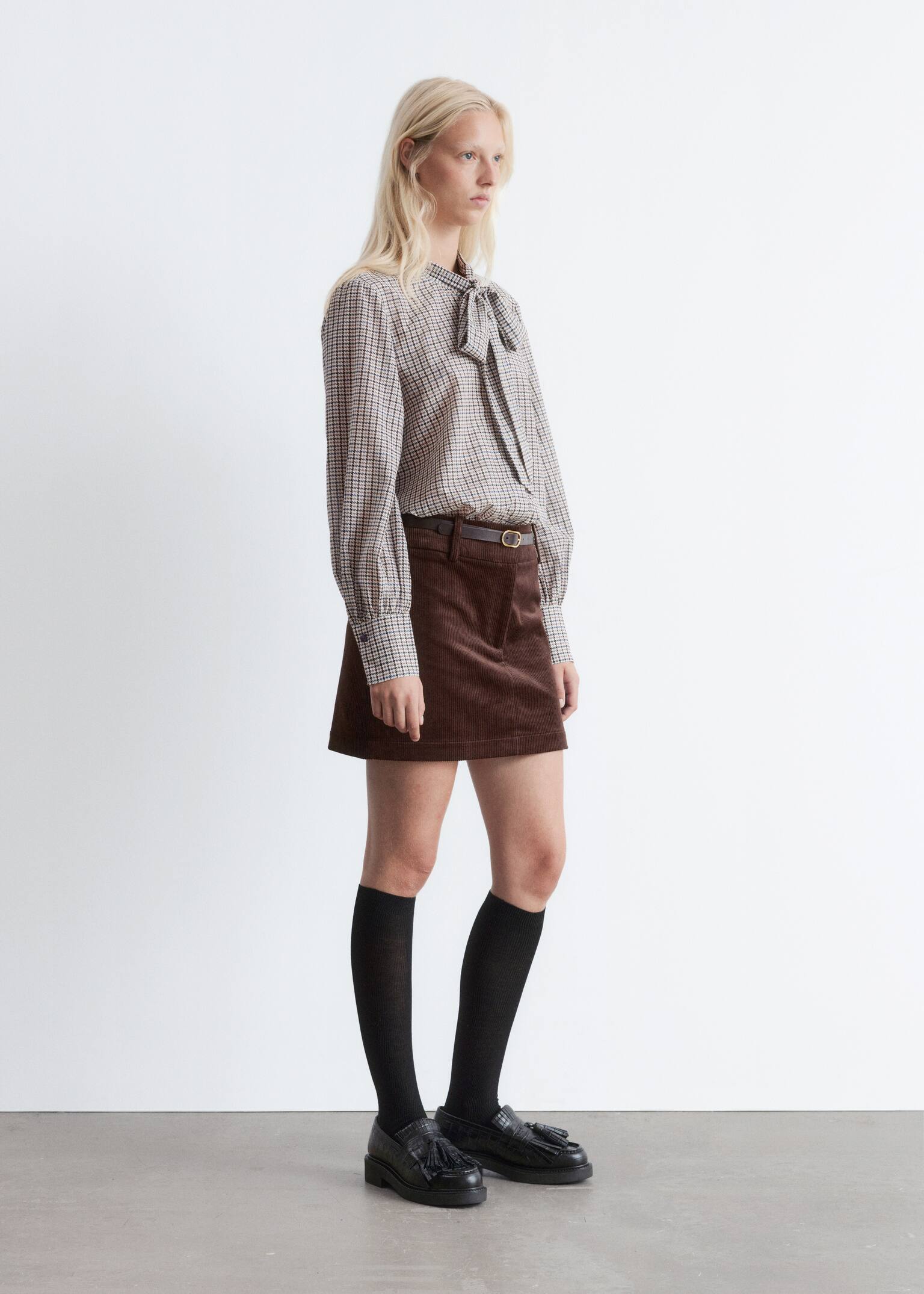 Silk-Blend Bow-Detail Blouse - Greige Checked - 5