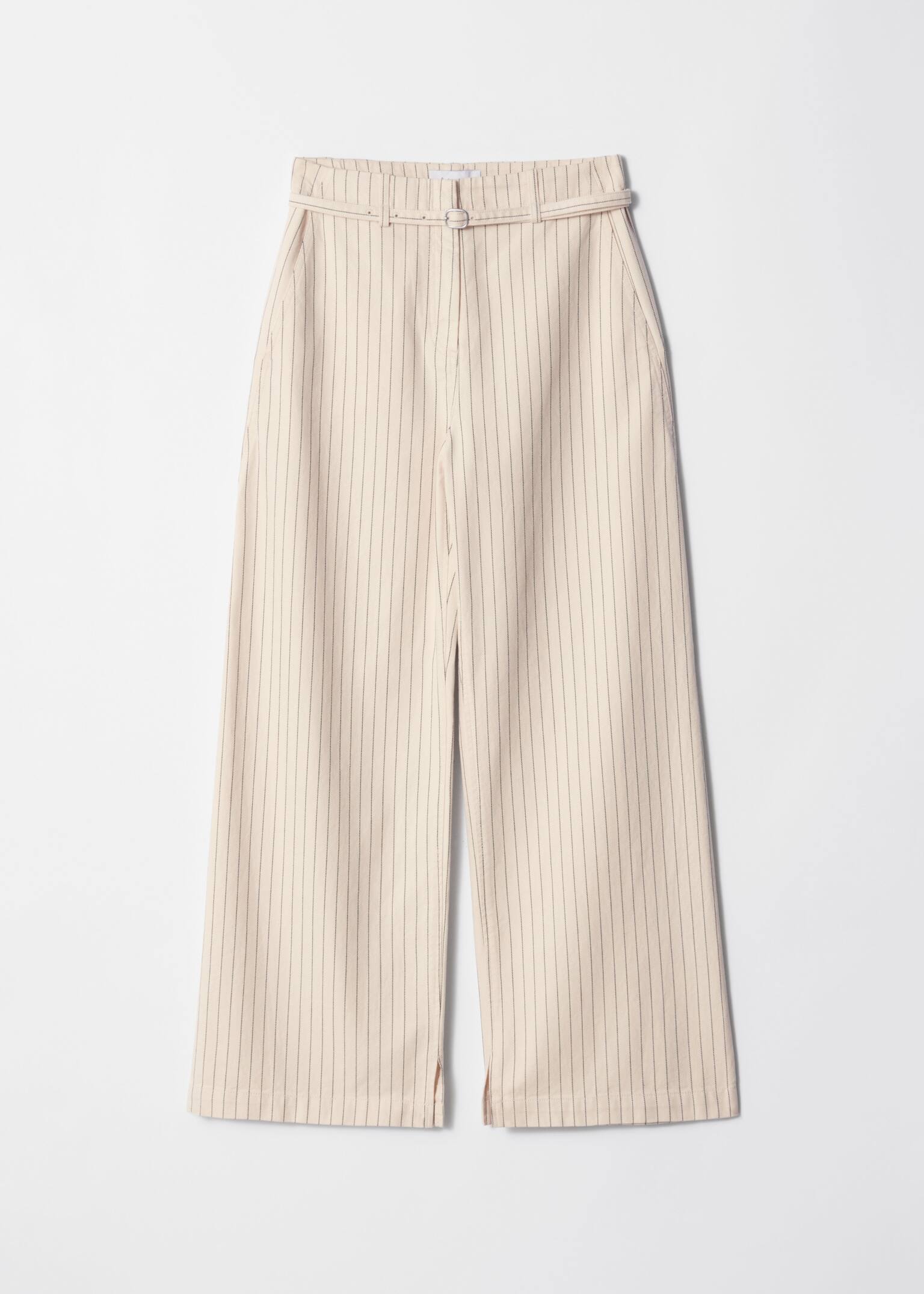 Buckle-Belt Trousers - Cream pinstripe
