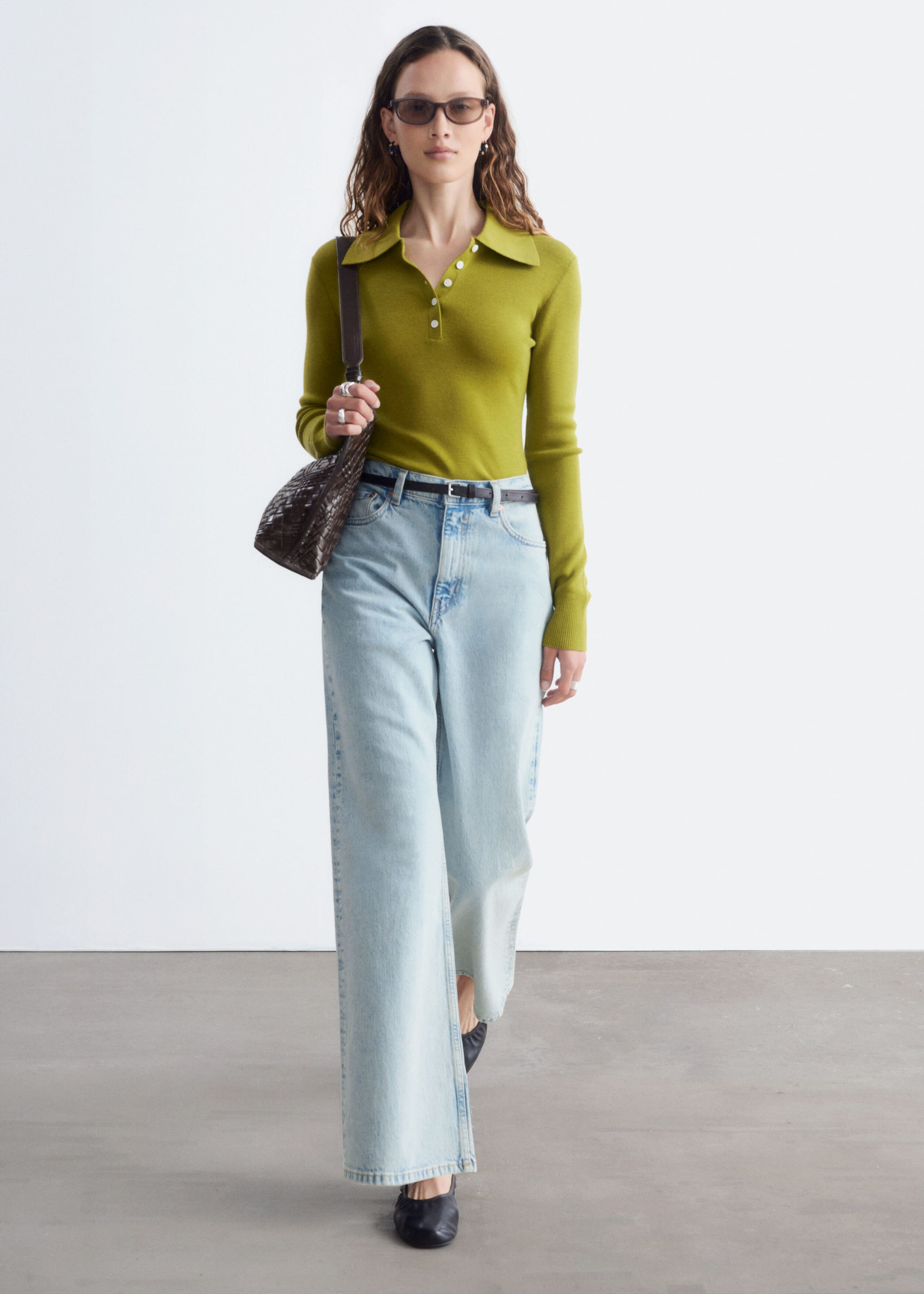 Rib-Knit Merino Wool Polo Top - Grey Melange - Lookbook