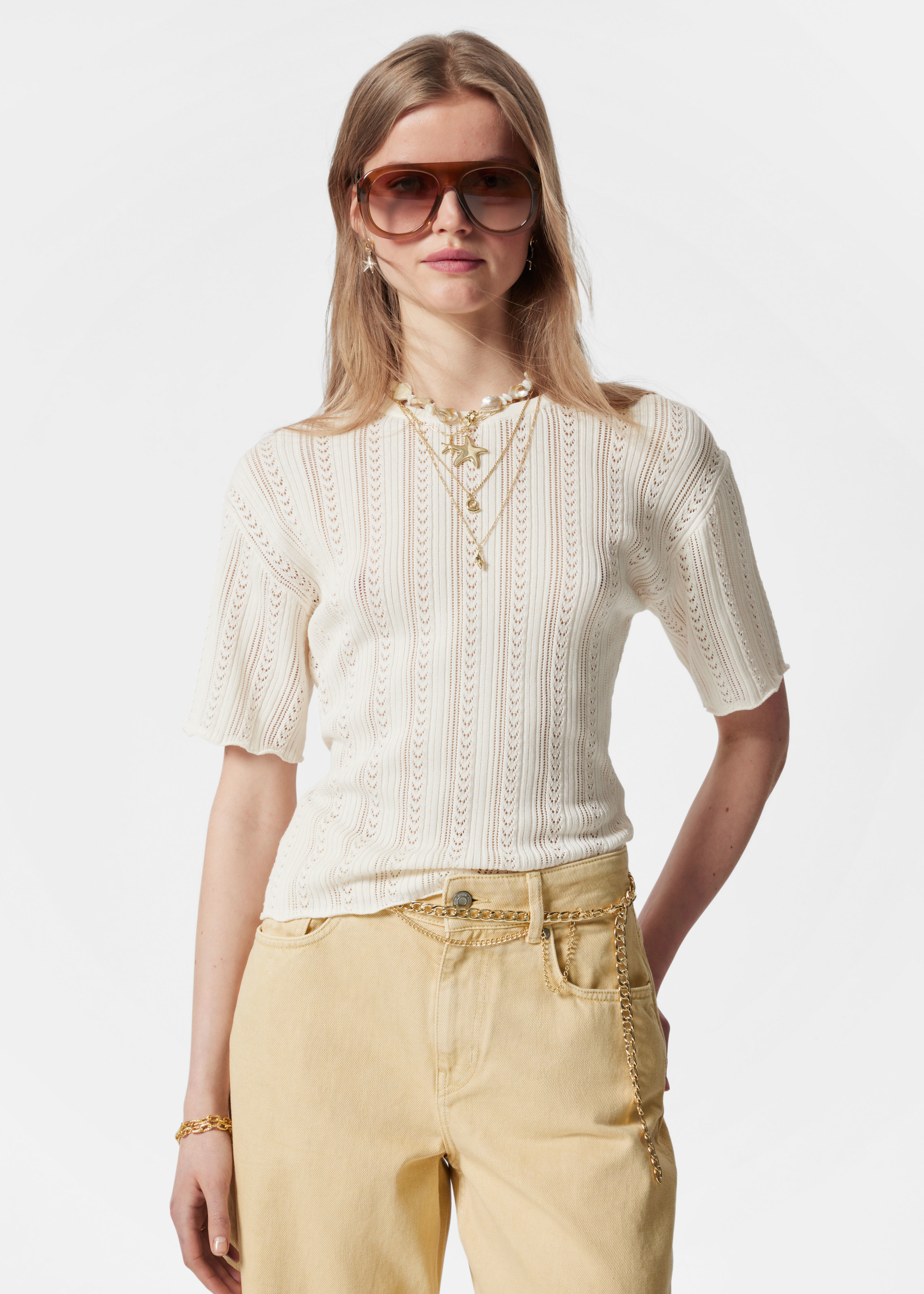 Ajour-gebreid T-shirt Crème DAMES H&M NL