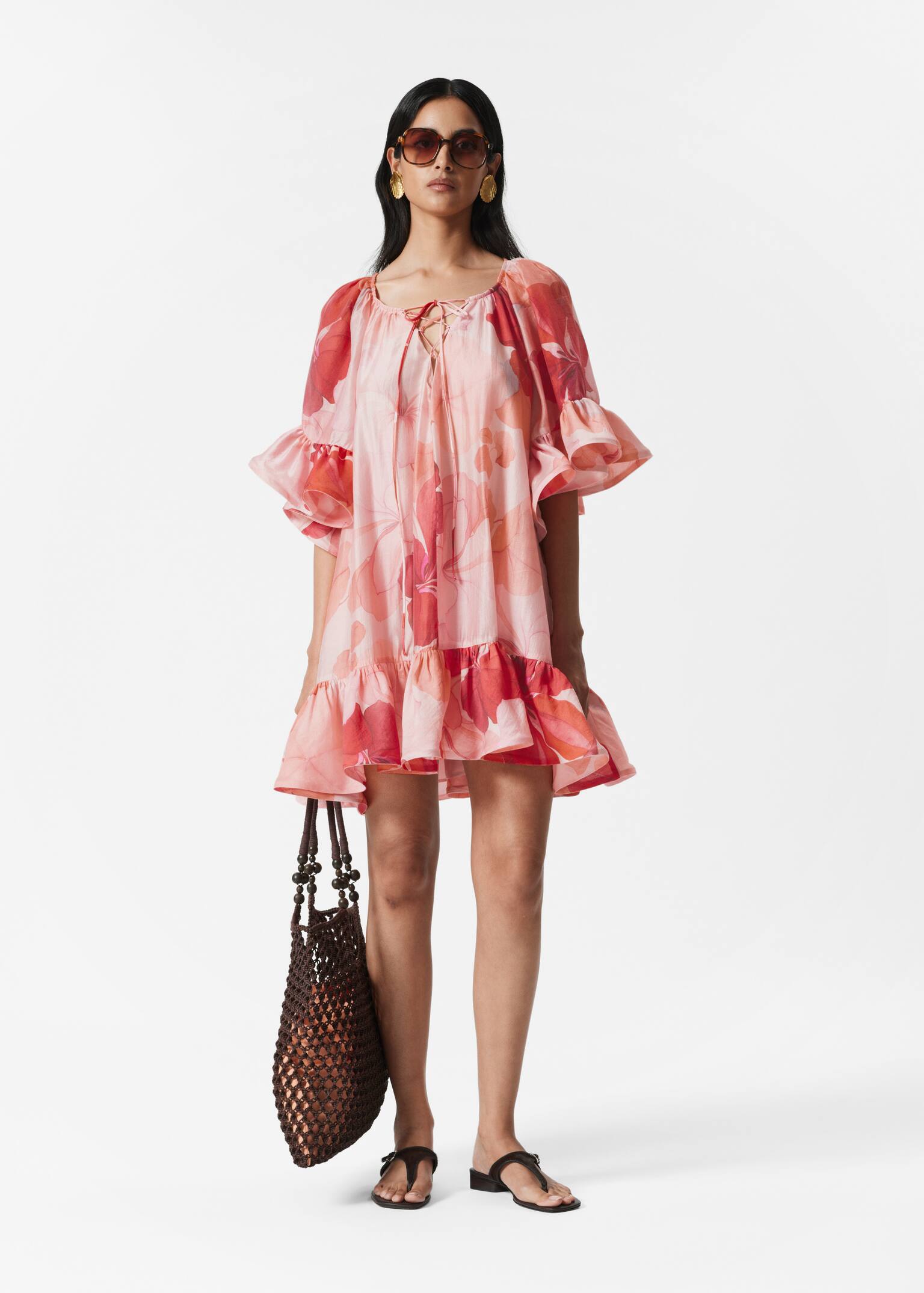 Ruffle Mini Dress - Pink/Red Floral/Dark Red