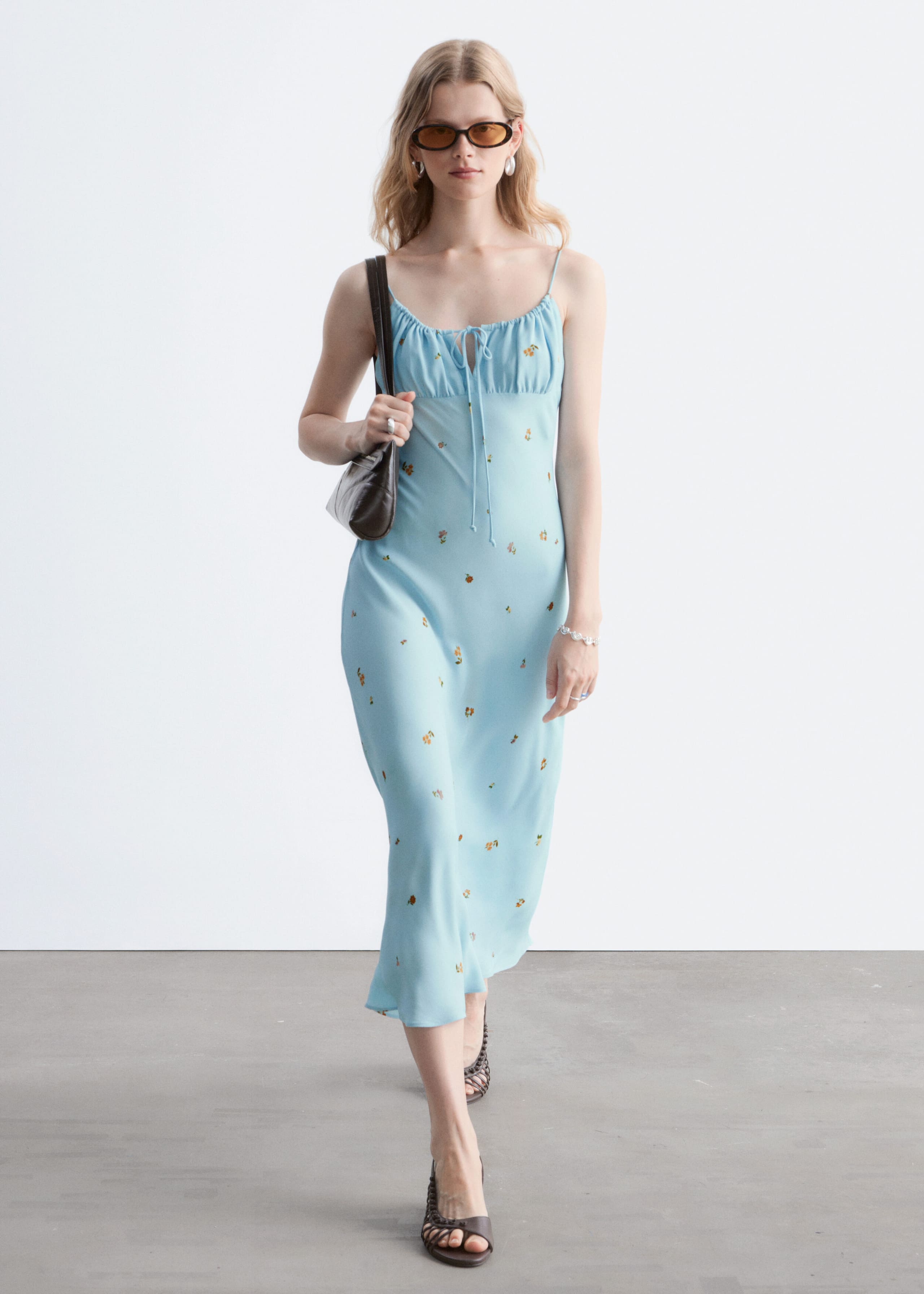 Drawstring Midi Dress - Light Turquoise/Florals - Lookbook