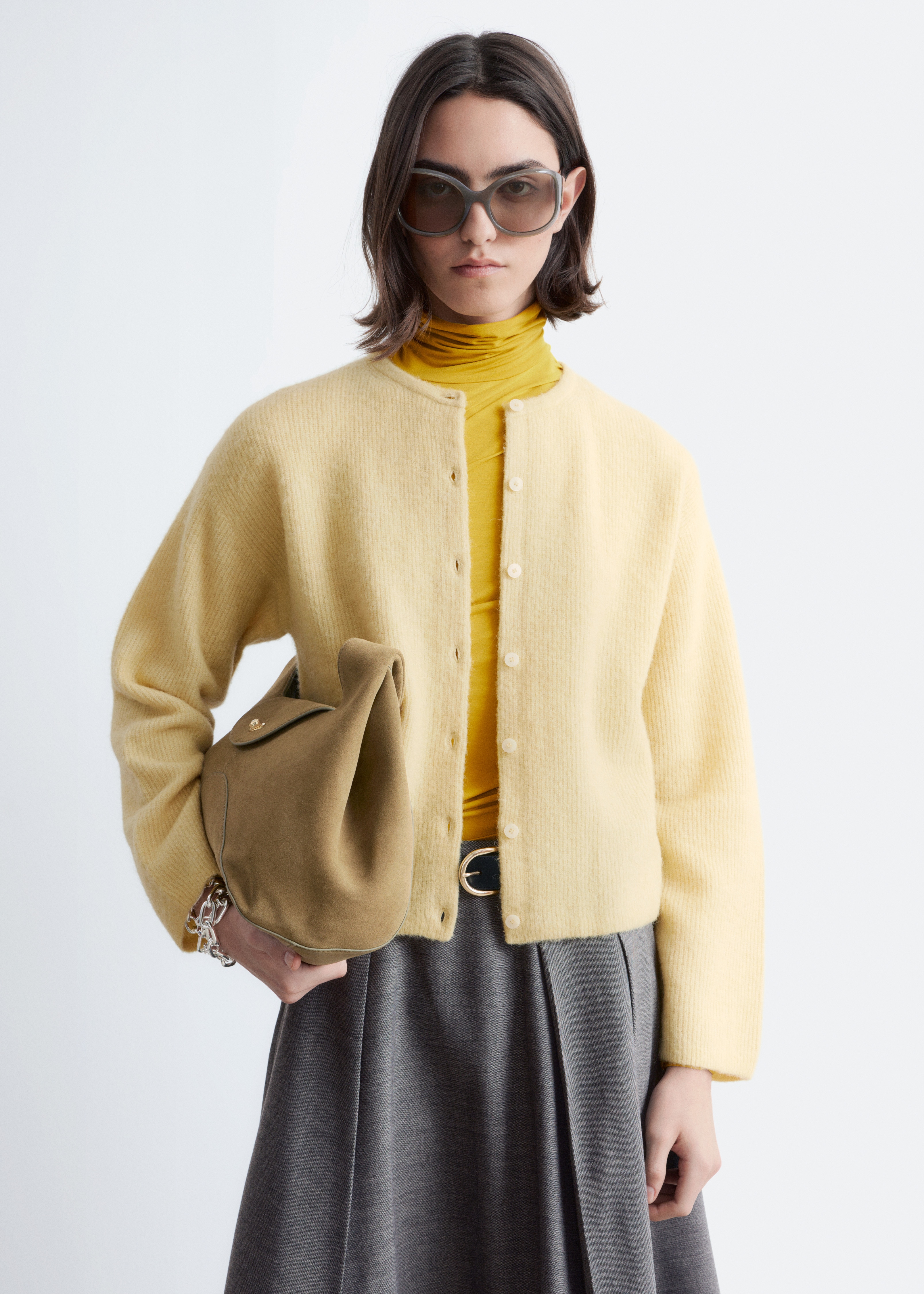 Cardigan Tricotat din Amestec de Alpaca - Galben pastel/Roz prăfuit/Verde/Bej/Alb/Gri/Maro taupe