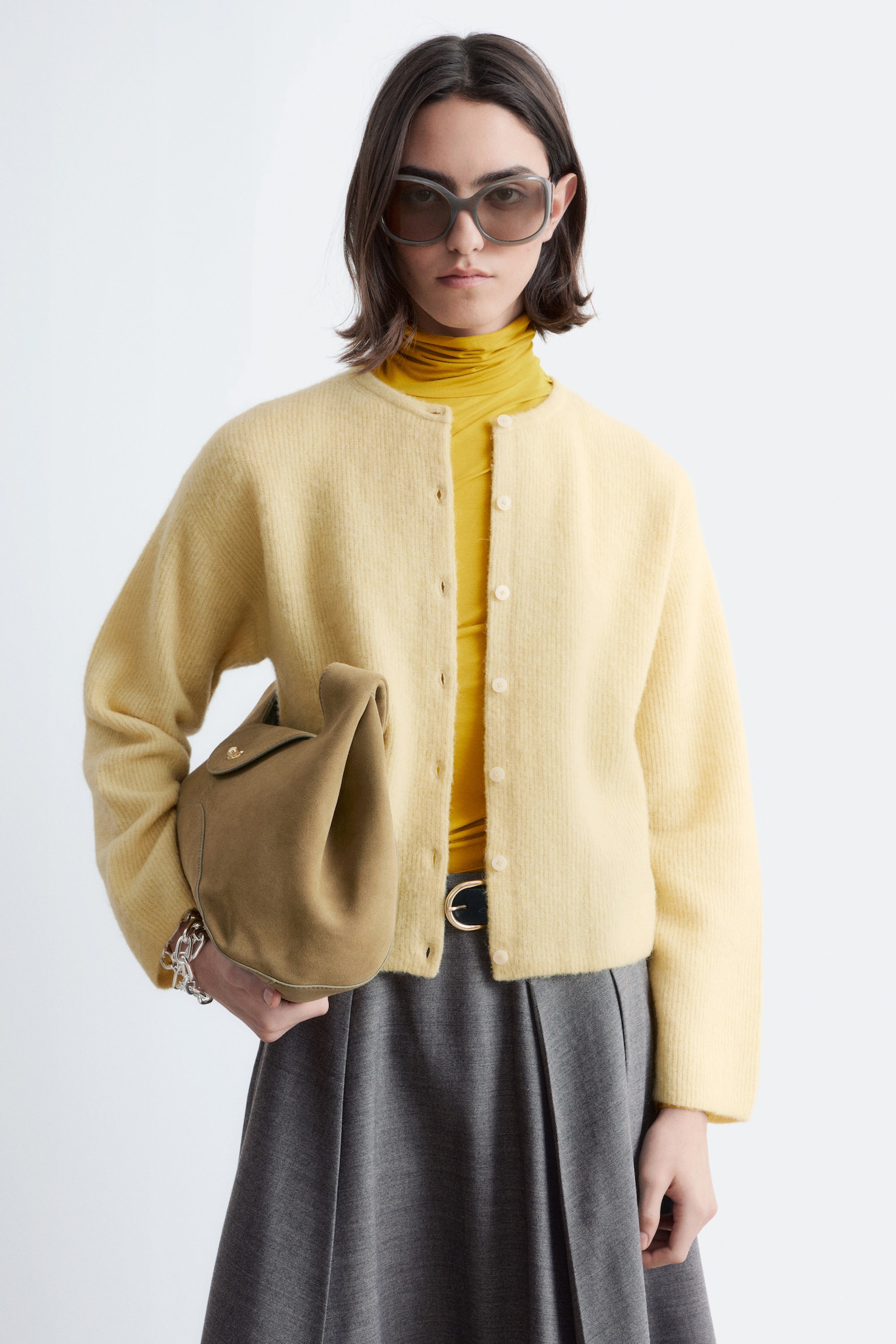 Cardigan en maille d’alpaga mélangé - Jaune pastel/Vert/Beige/Rose poudré/Blanc/Gris/Taupe/Brun taupe/Bordeaux chiné - 2