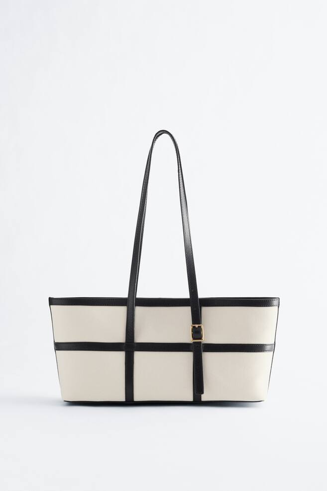 Leather-Trimmed Canvas Shoulder Bag - Off White/Black - 1