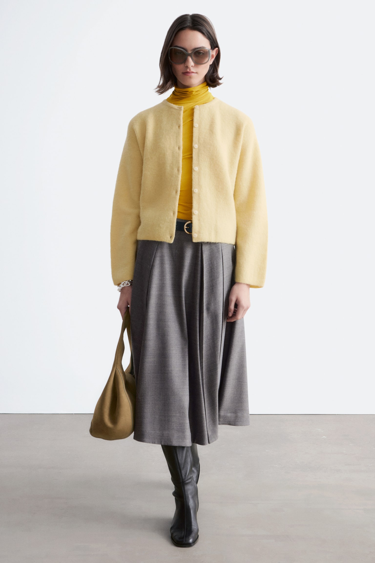 Cardigan en maille d’alpaga mélangé - Jaune pastel/Vert/Beige/Rose poudré/Blanc/Gris/Taupe/Brun taupe/Bordeaux chiné - 5