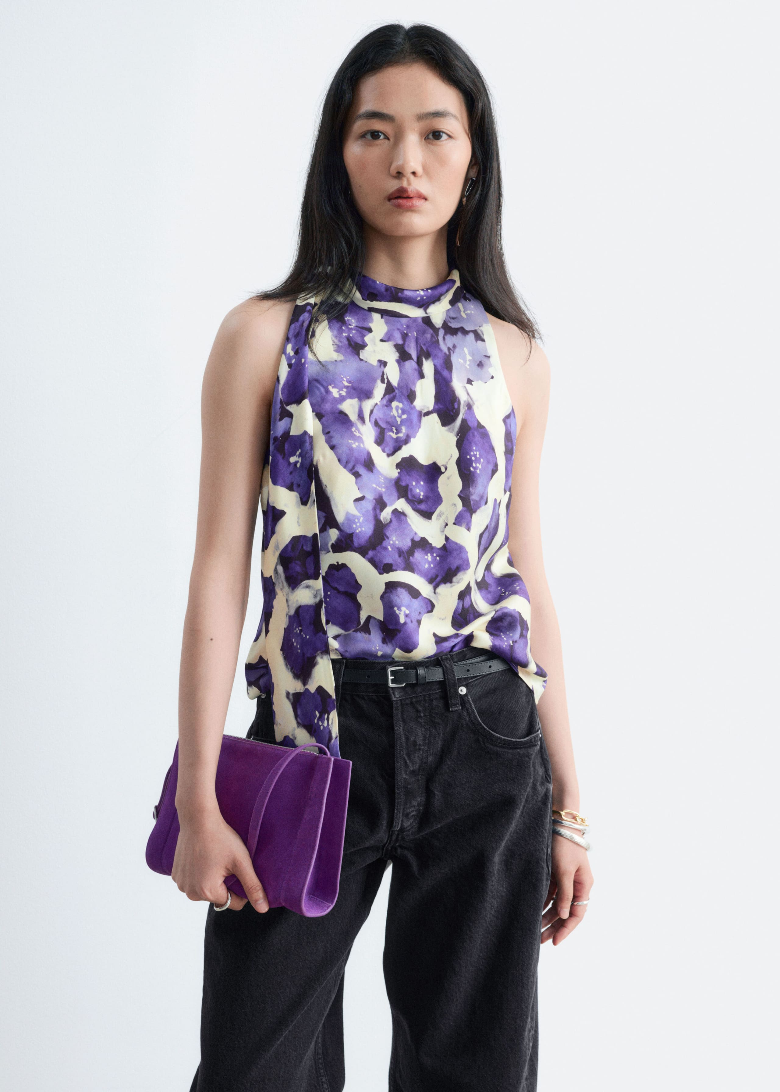 Scarf-Neck Silk Top - White/Purple - Lookbook