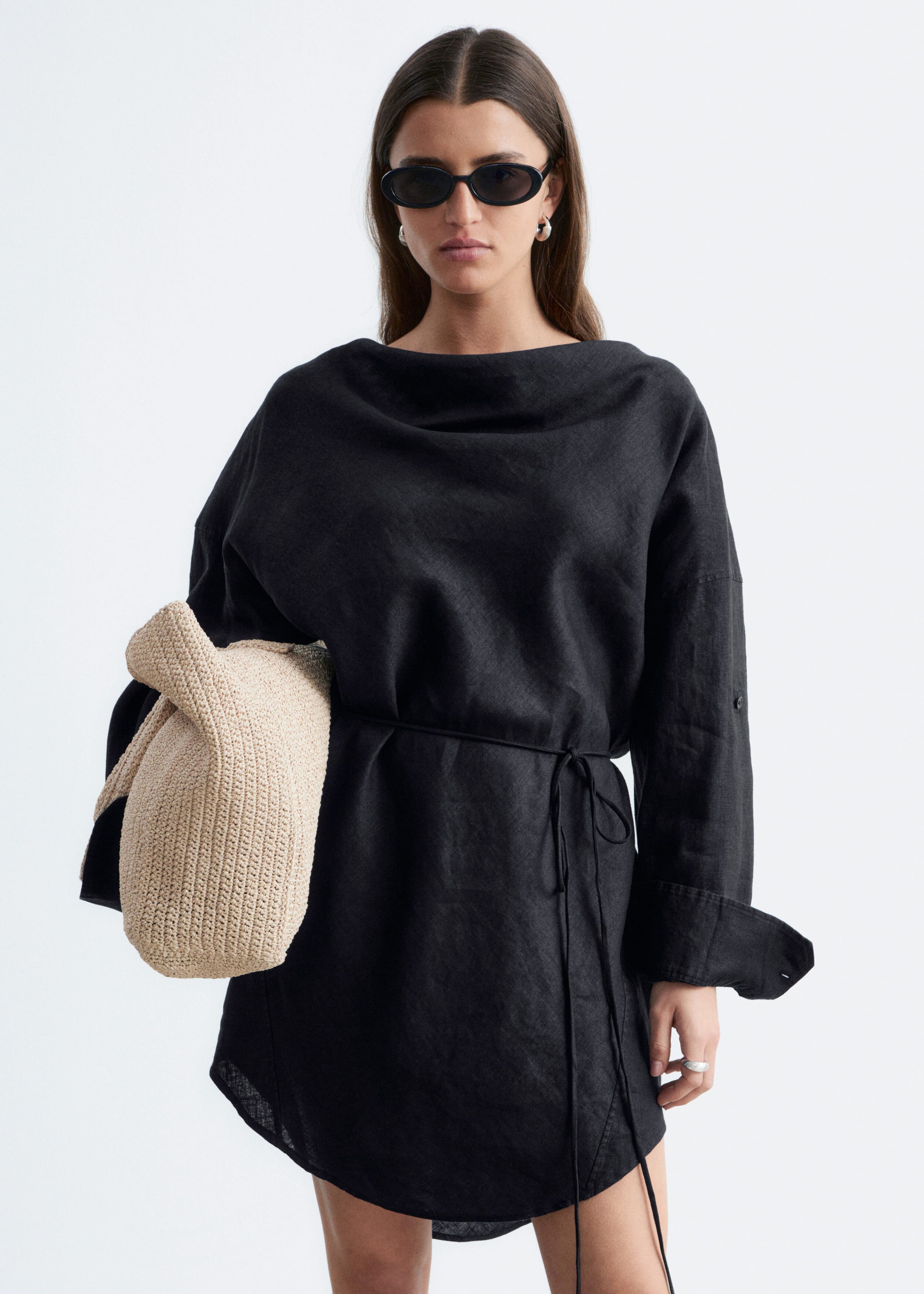 Cowl-Neck Linen Midi Dress - Black - Lookbook