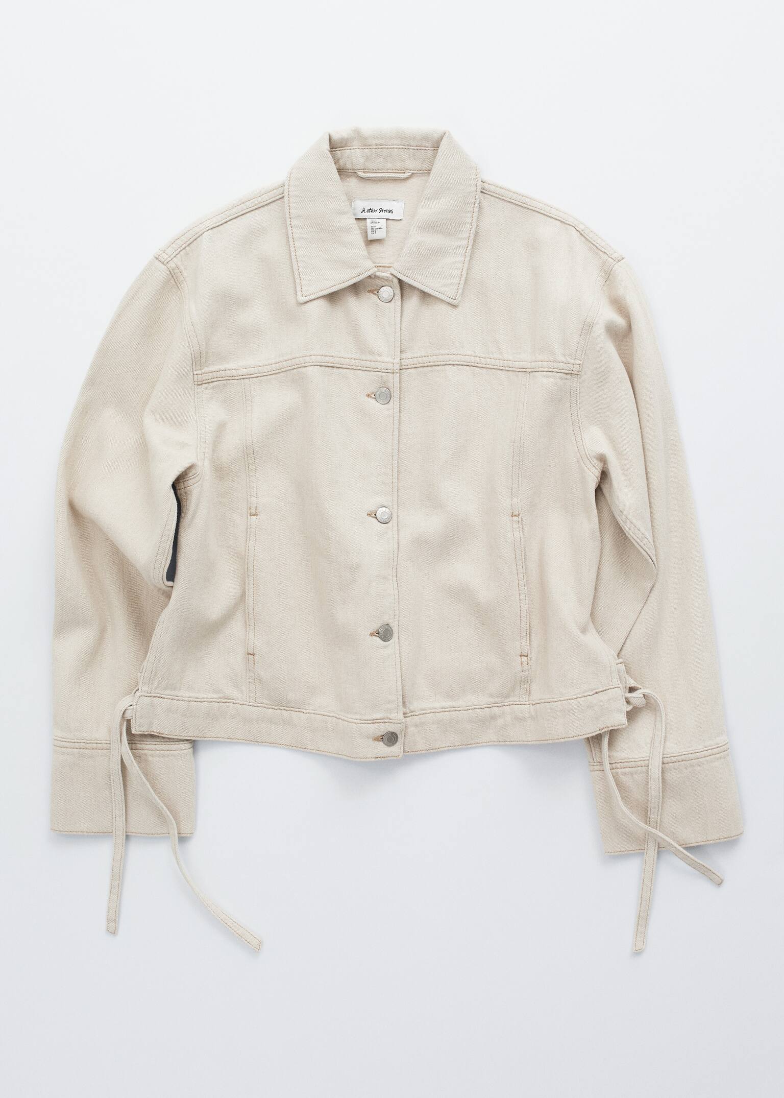 Cropped Tie-Closure Denim Jacket - Beige - 2