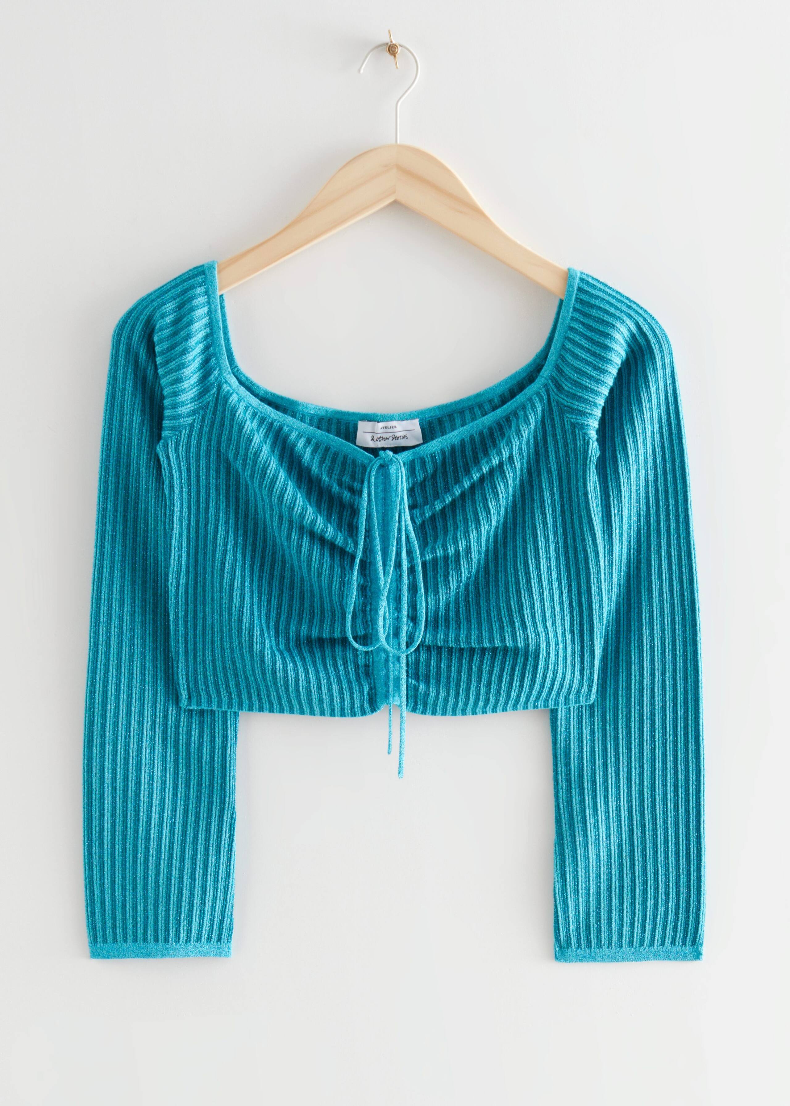 Cropped Rib Knit Cardigan - Turquoise - Still Life