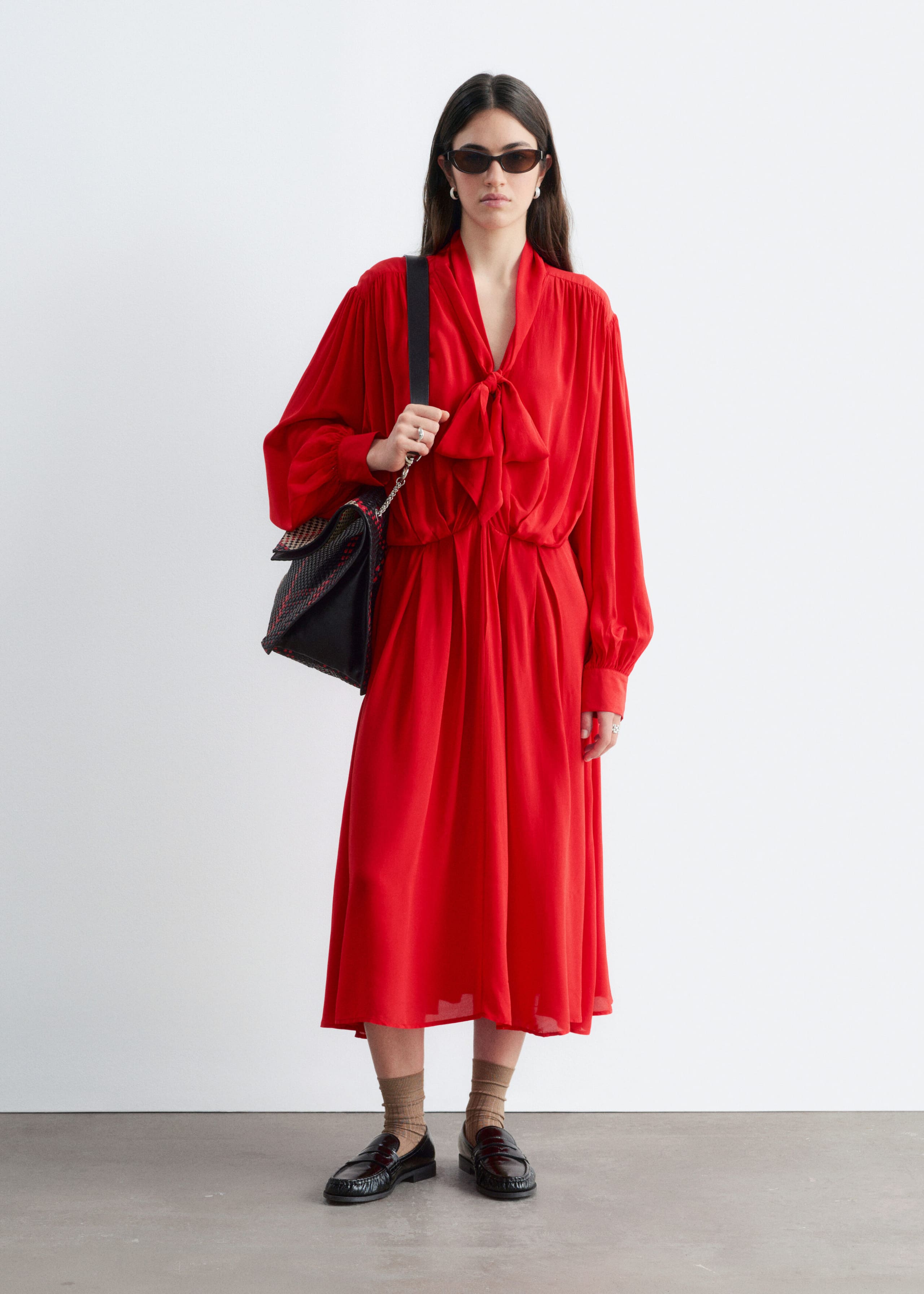 Tie-Neck Midi Dress - Red - Lookbook