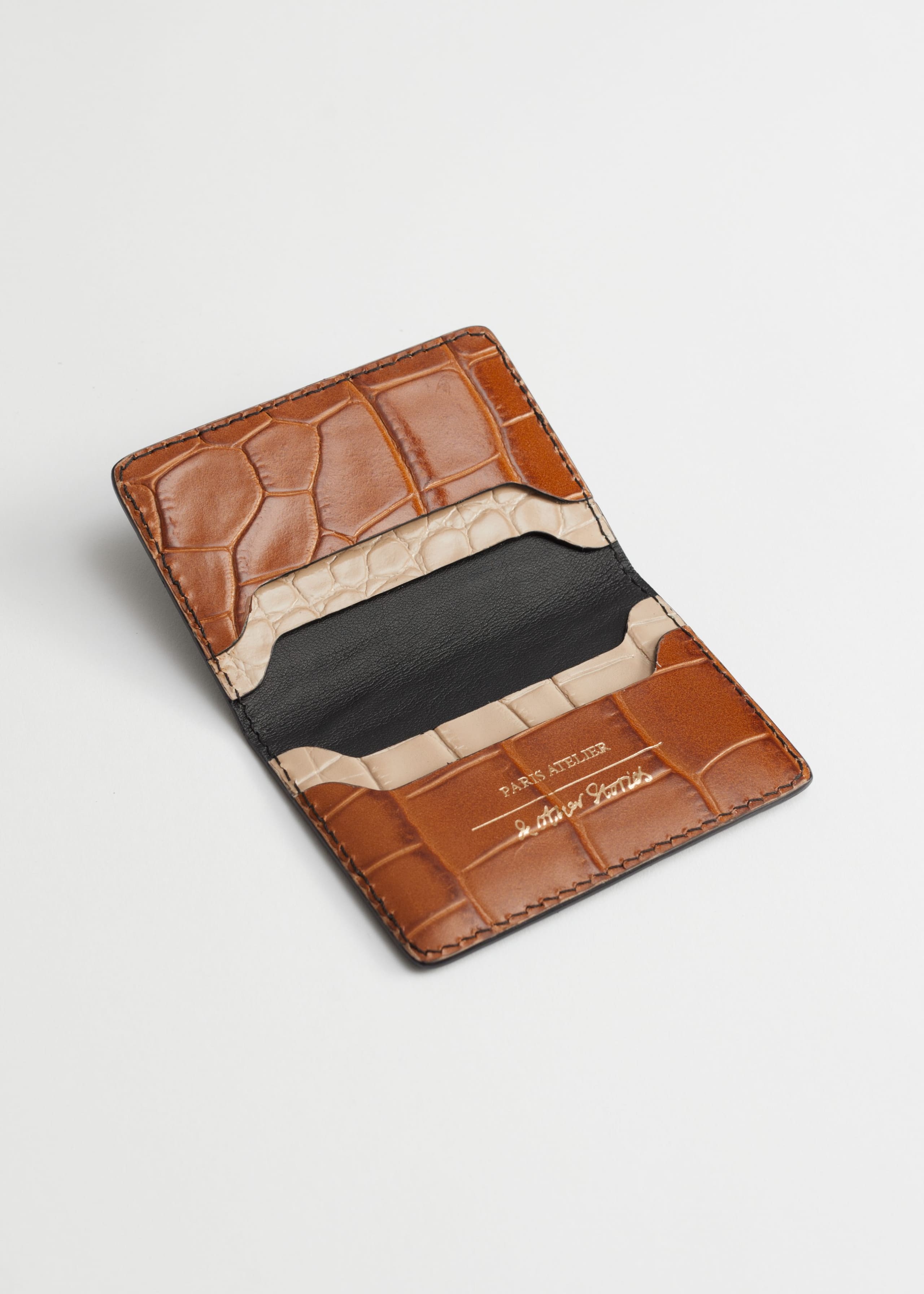 Croc Embossed Leather Card Holder - Black/Brown - Bodegón