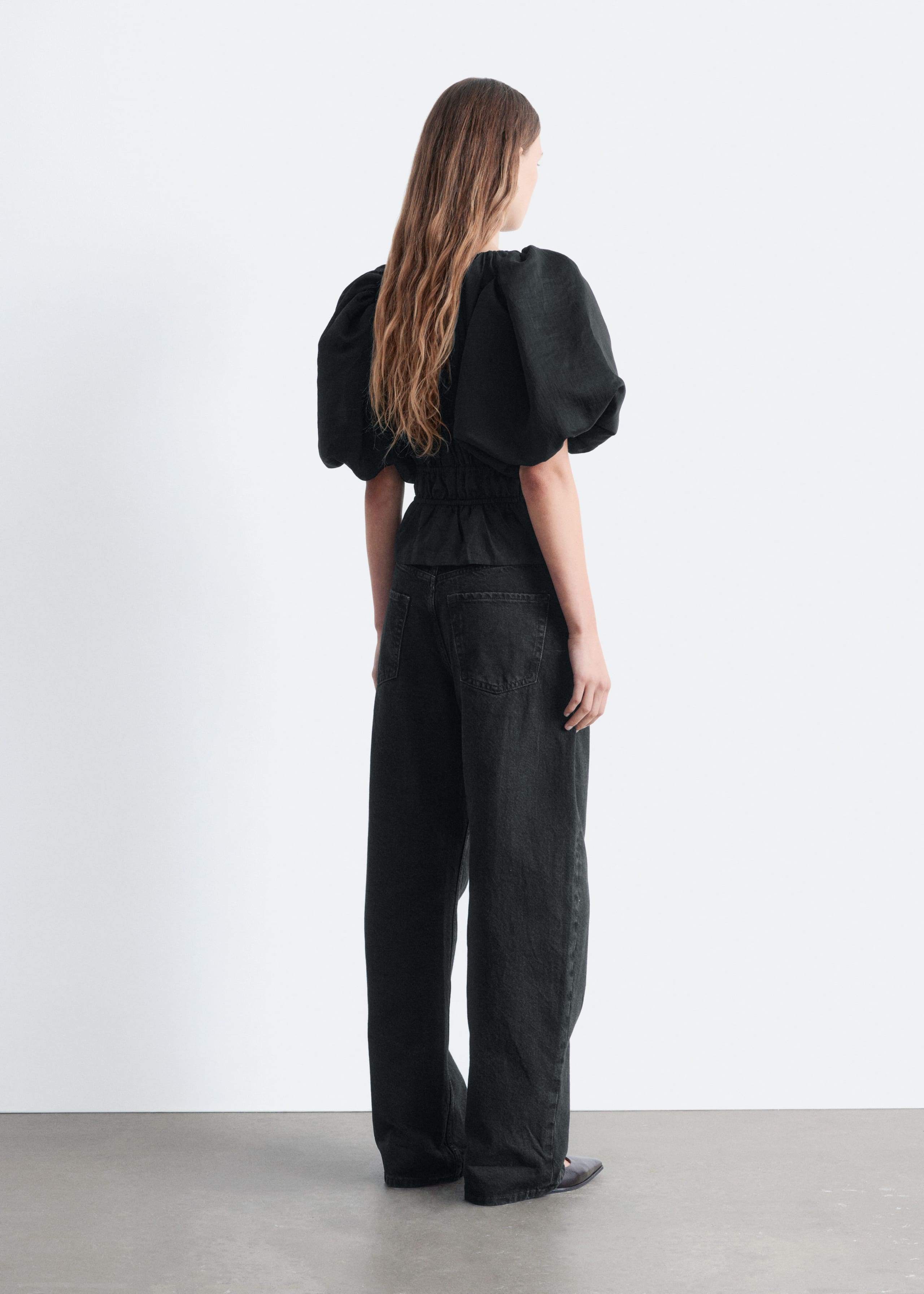 Peplum-Frill Puff-Sleeve Top - Black - Lookbook