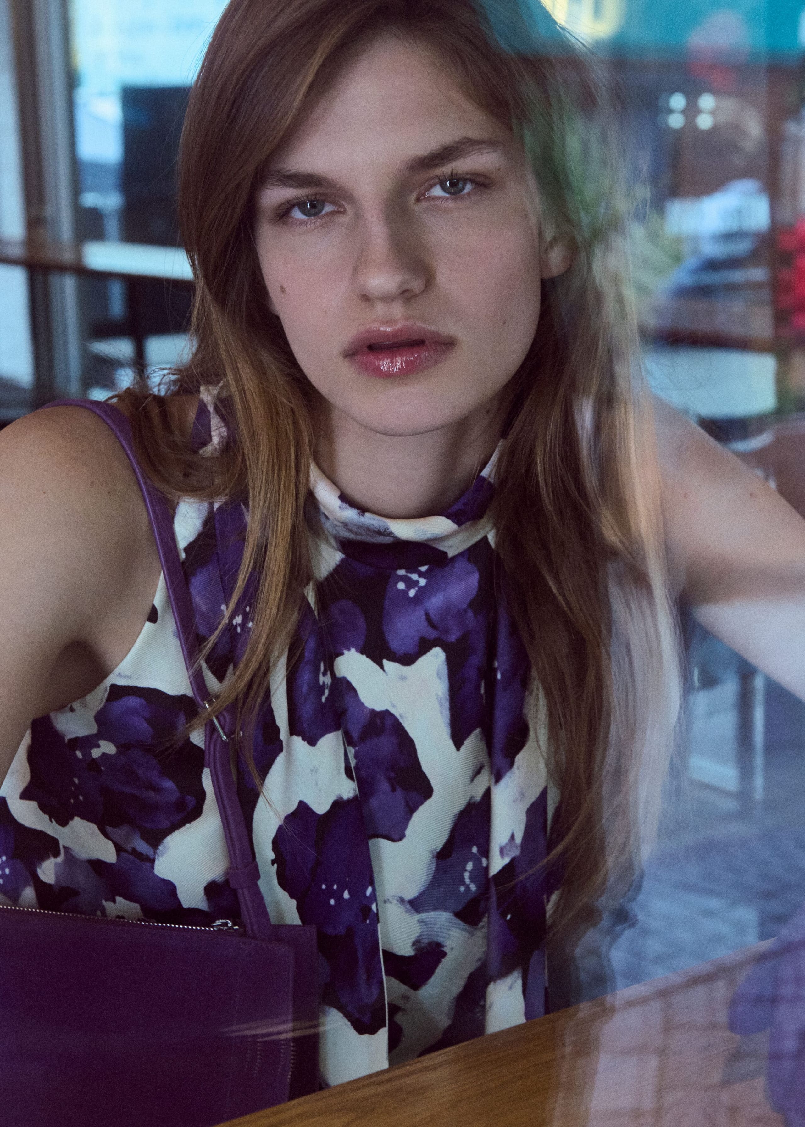 Scarf-Neck Silk Top - White/Purple - Still Life