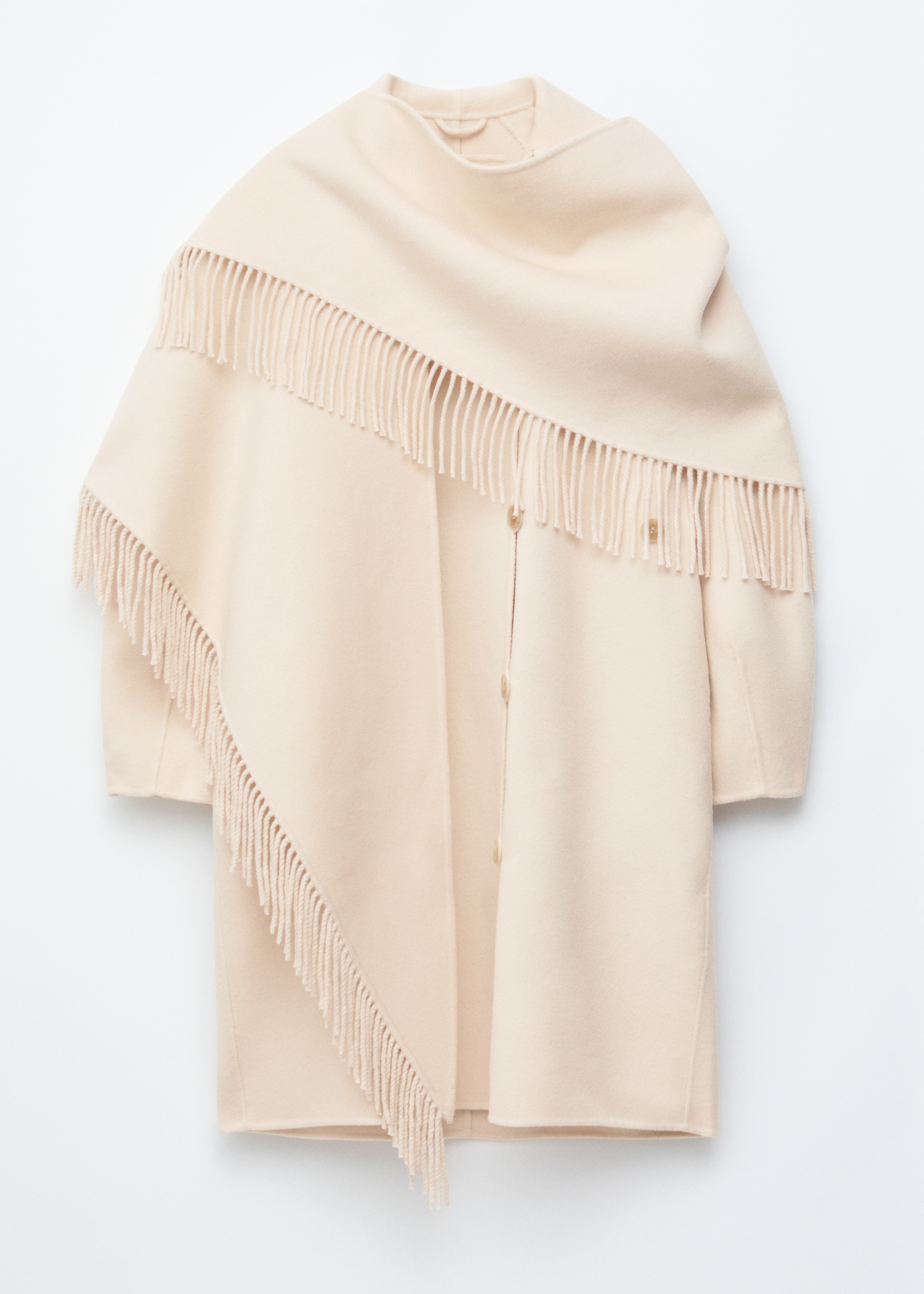 Fringed Shawl Wool Coat - Cream/Black