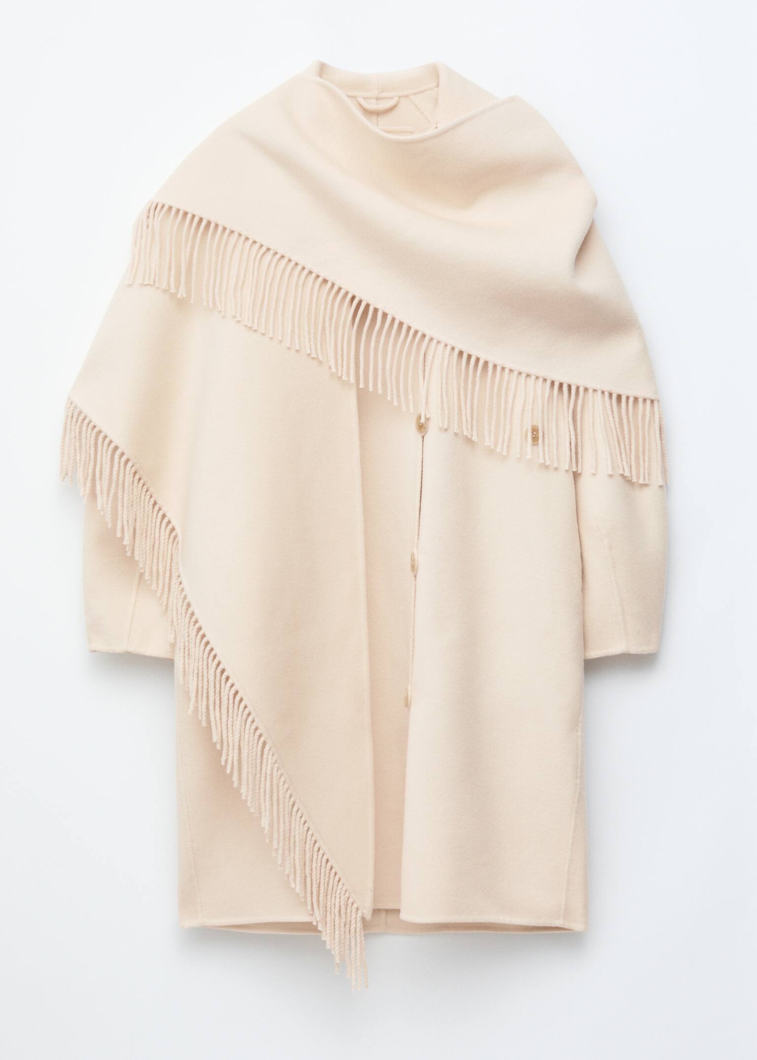 Fringed Shawl Wool Coat - Cream/Black - 2