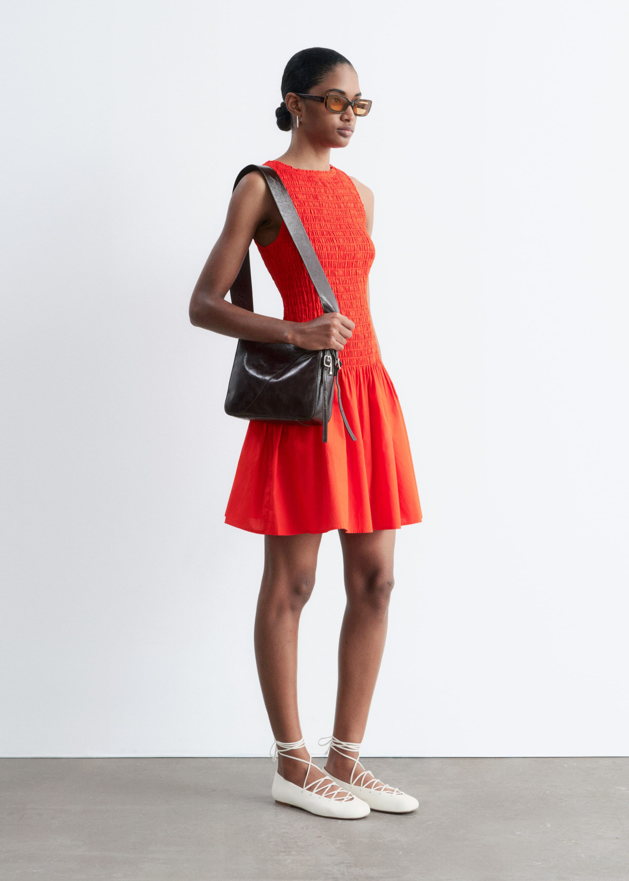 Smocked Cotton Poplin Mini Dress - Dark Brown - Lookbook