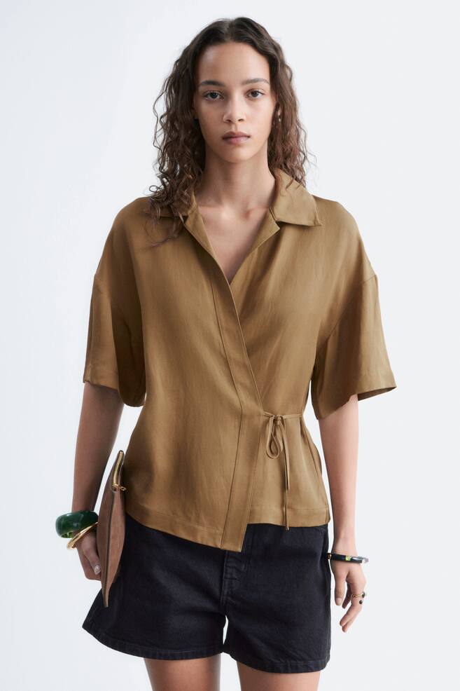 Wrap Short-Sleeve Shirt - Chestnut Brown/Black - 1