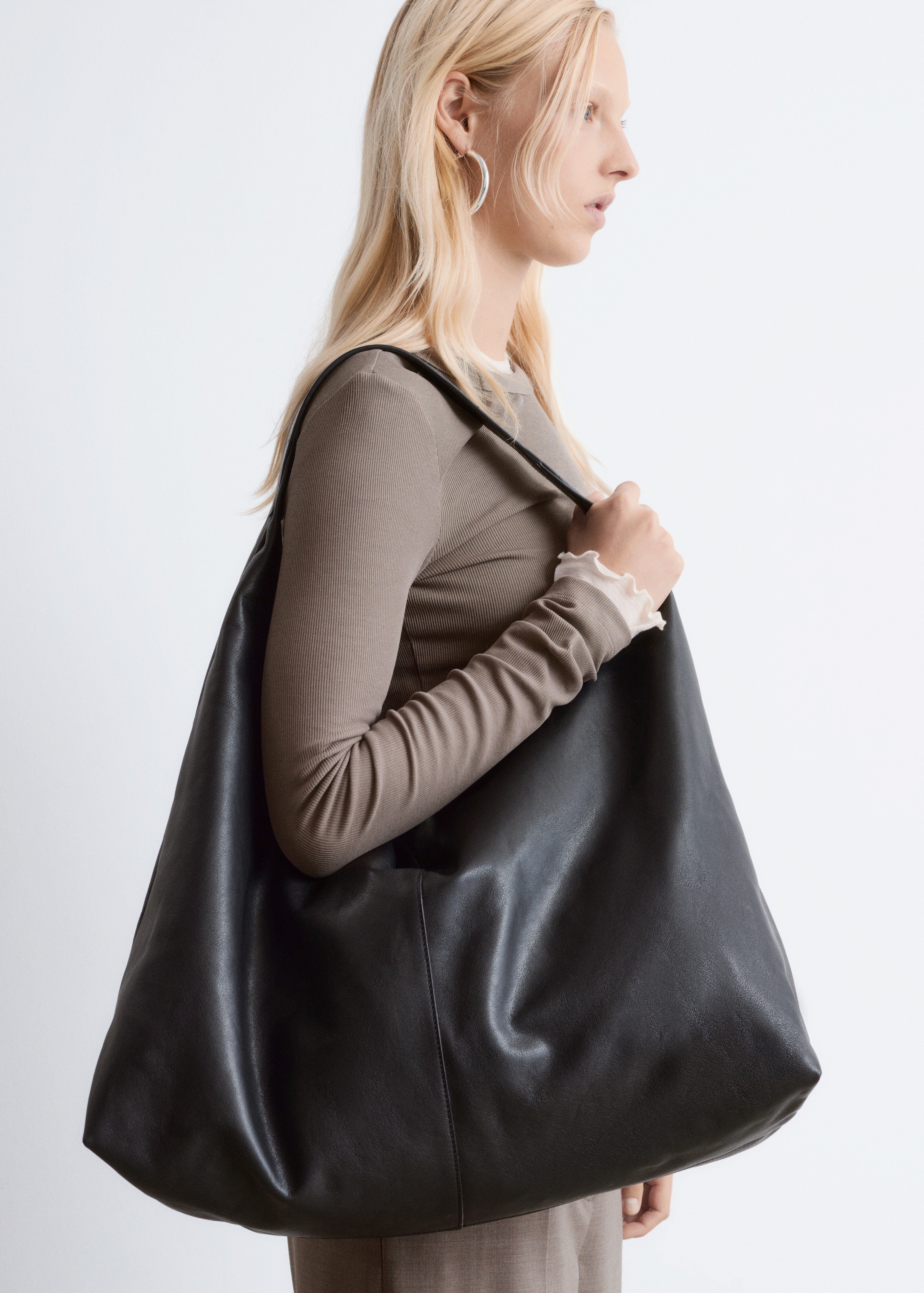 Bardzo duża skórzana torba na zakupy - Czarny/Ciemnoszary