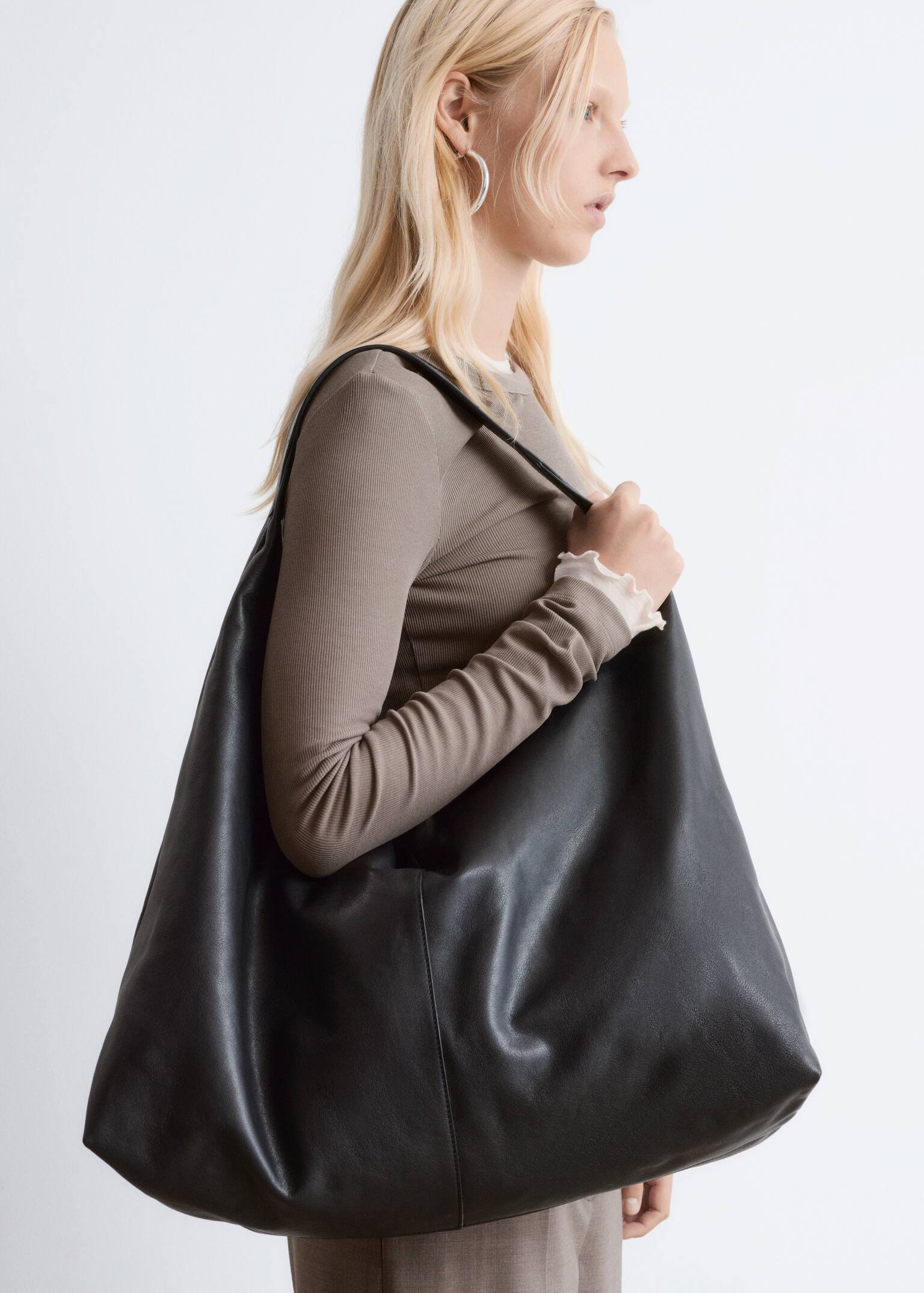 Mala tote em pele extragrande - Preto/Cinzento escuro