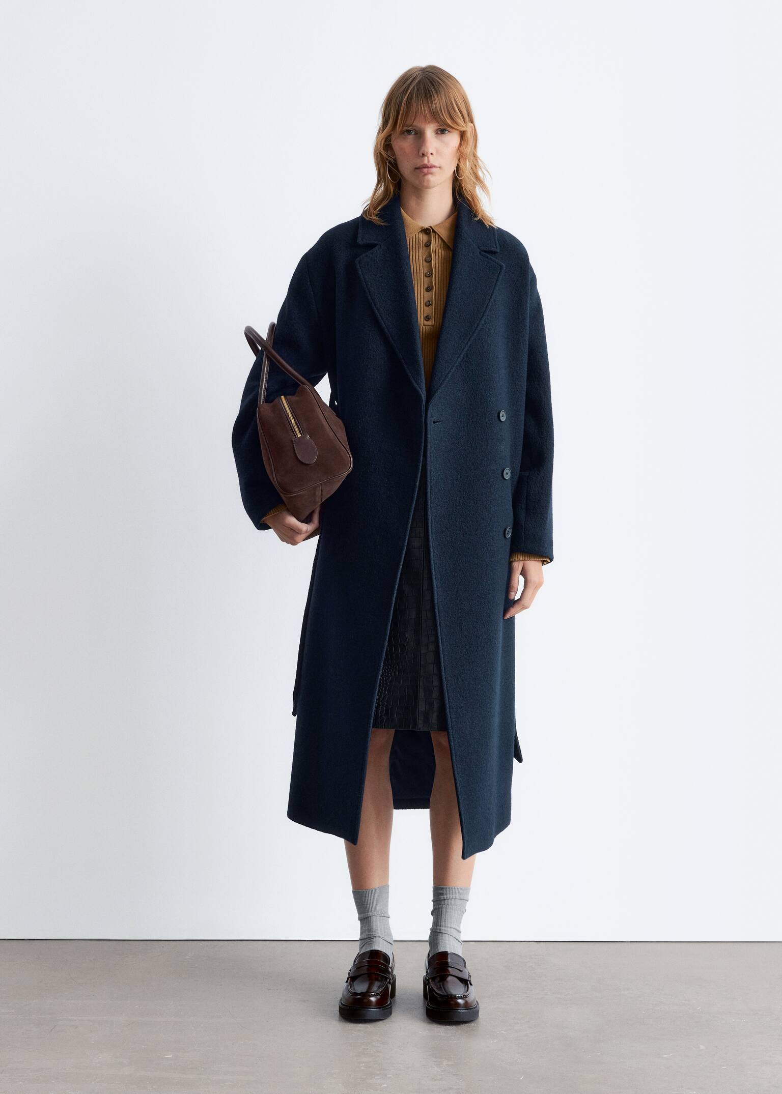 Voluminous Belted Wool Coat - Navy/Black/Dark Mole Melange/Beige