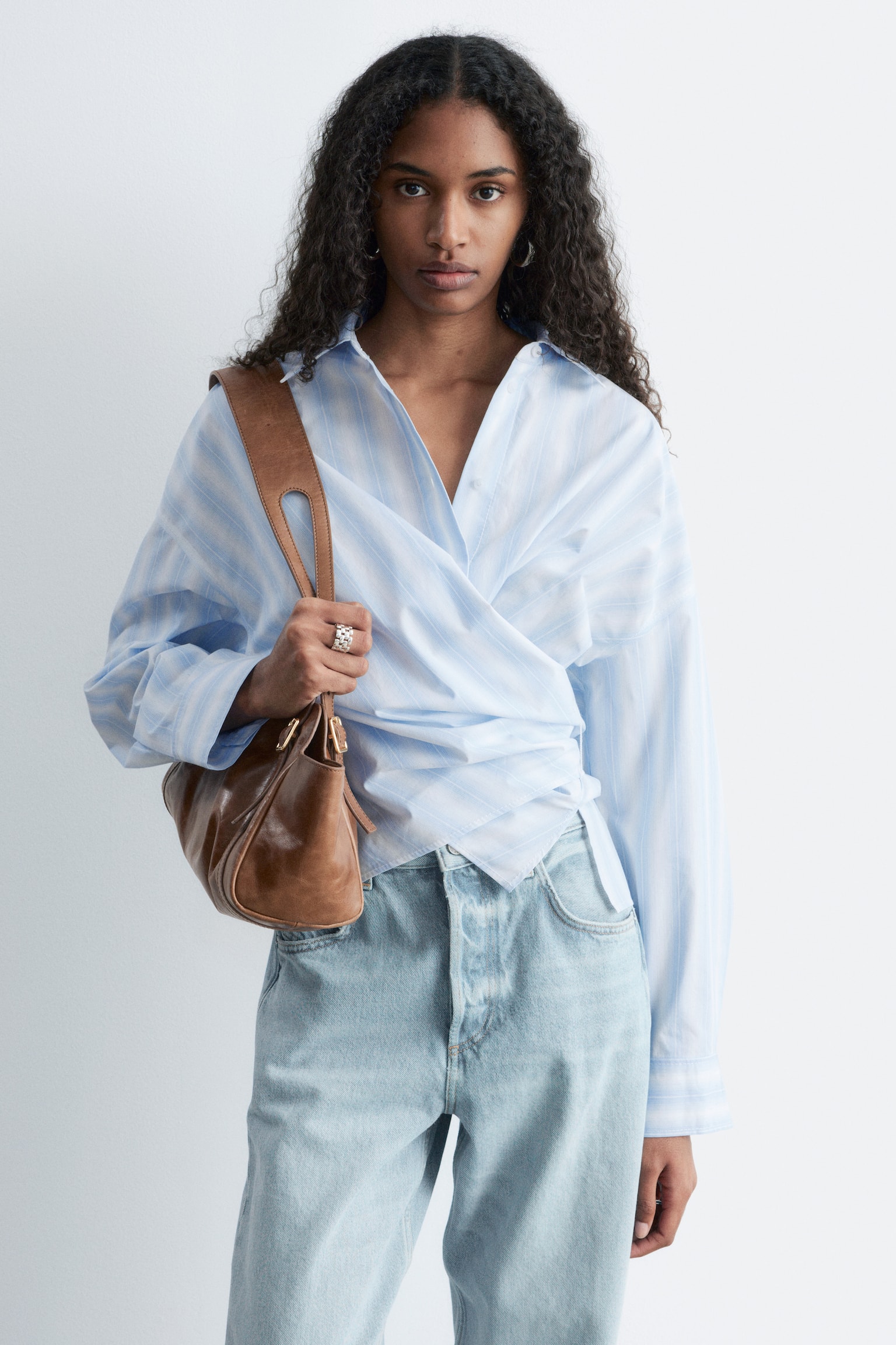 Deréknál Megkötős Pamut Ing - Kék/Fehér Csíkos - 1