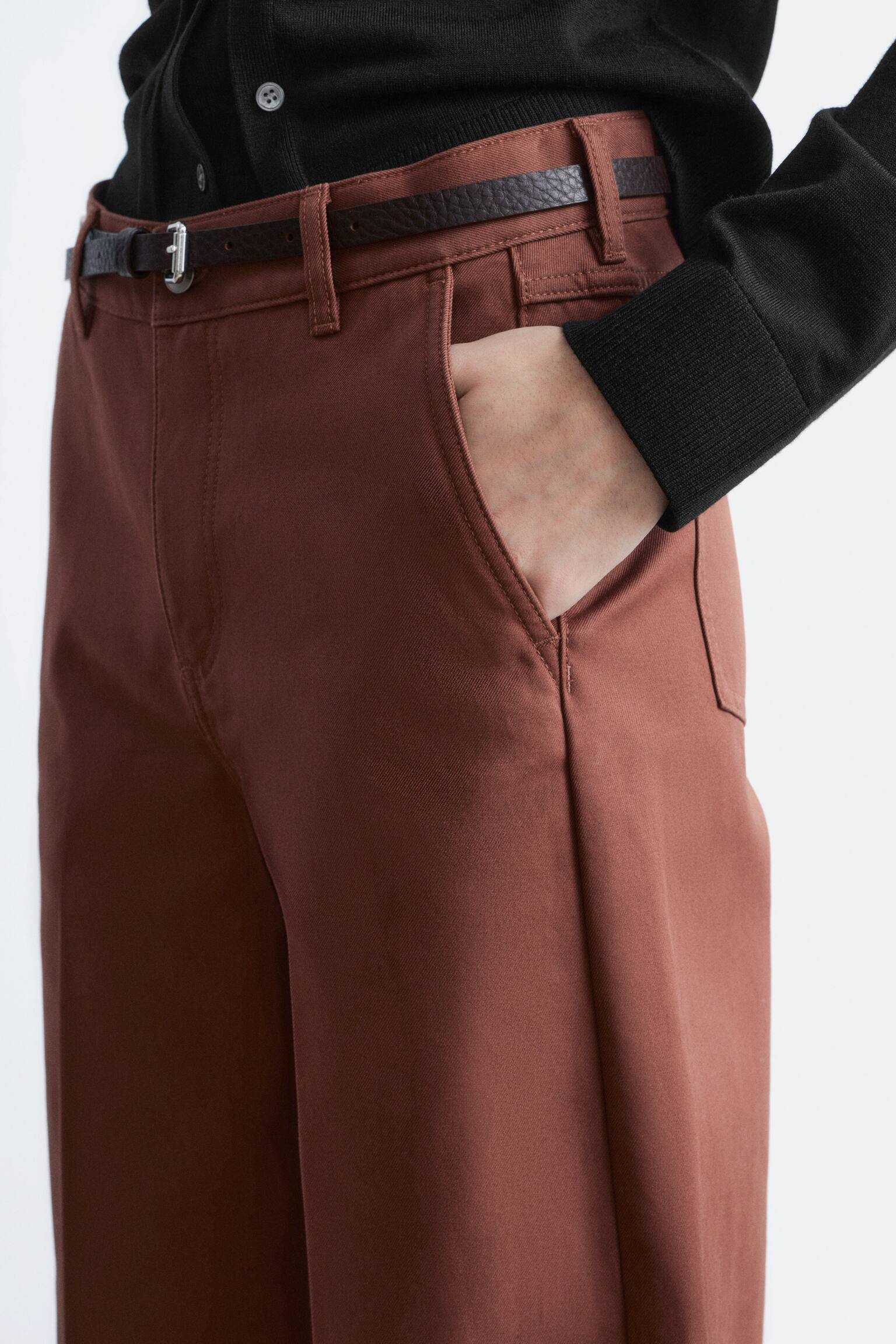 Pantaloni largi din bumbac - Maro Ruginiu/Off-White - 5