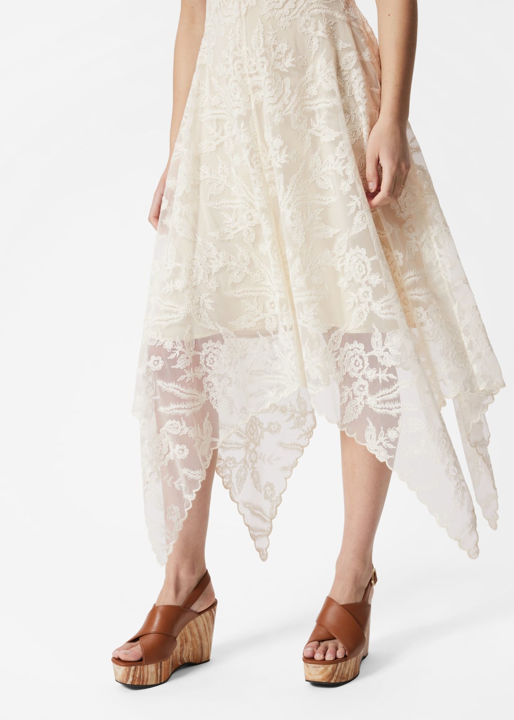 Robe midi en dentelle à col en V - Blanc - Lookbook