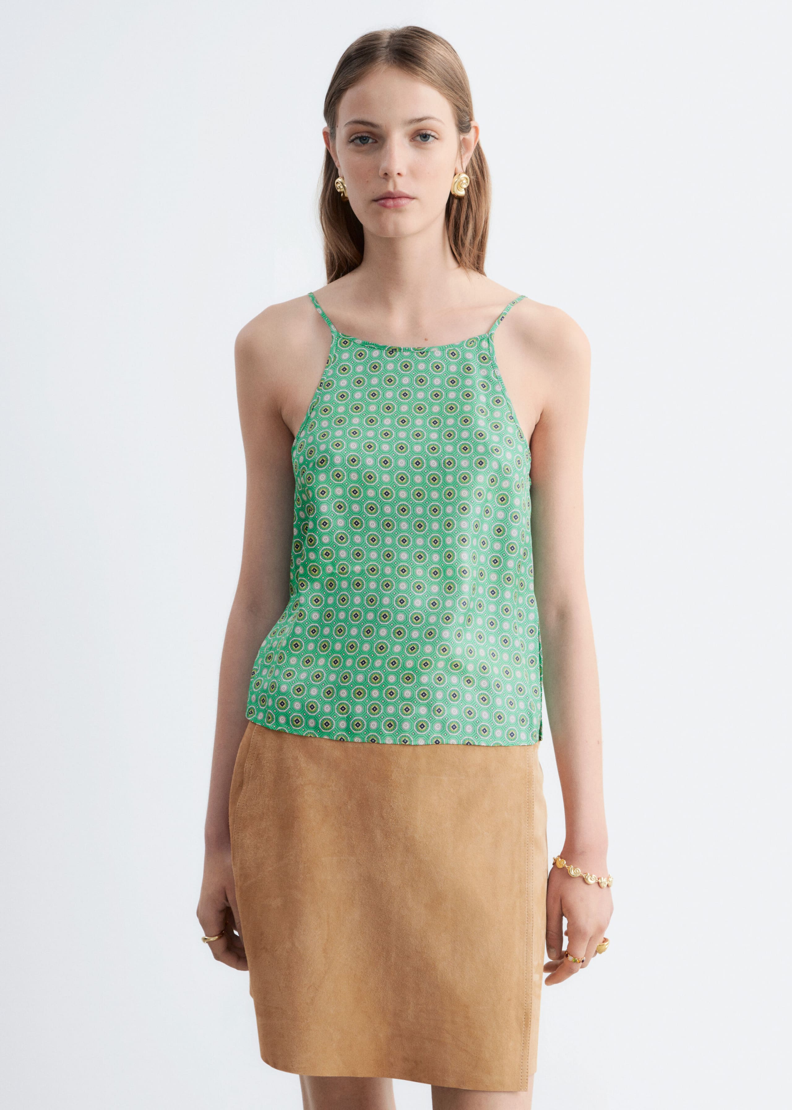 Contrast Binding Silk Top - Green/Print - Lookbook