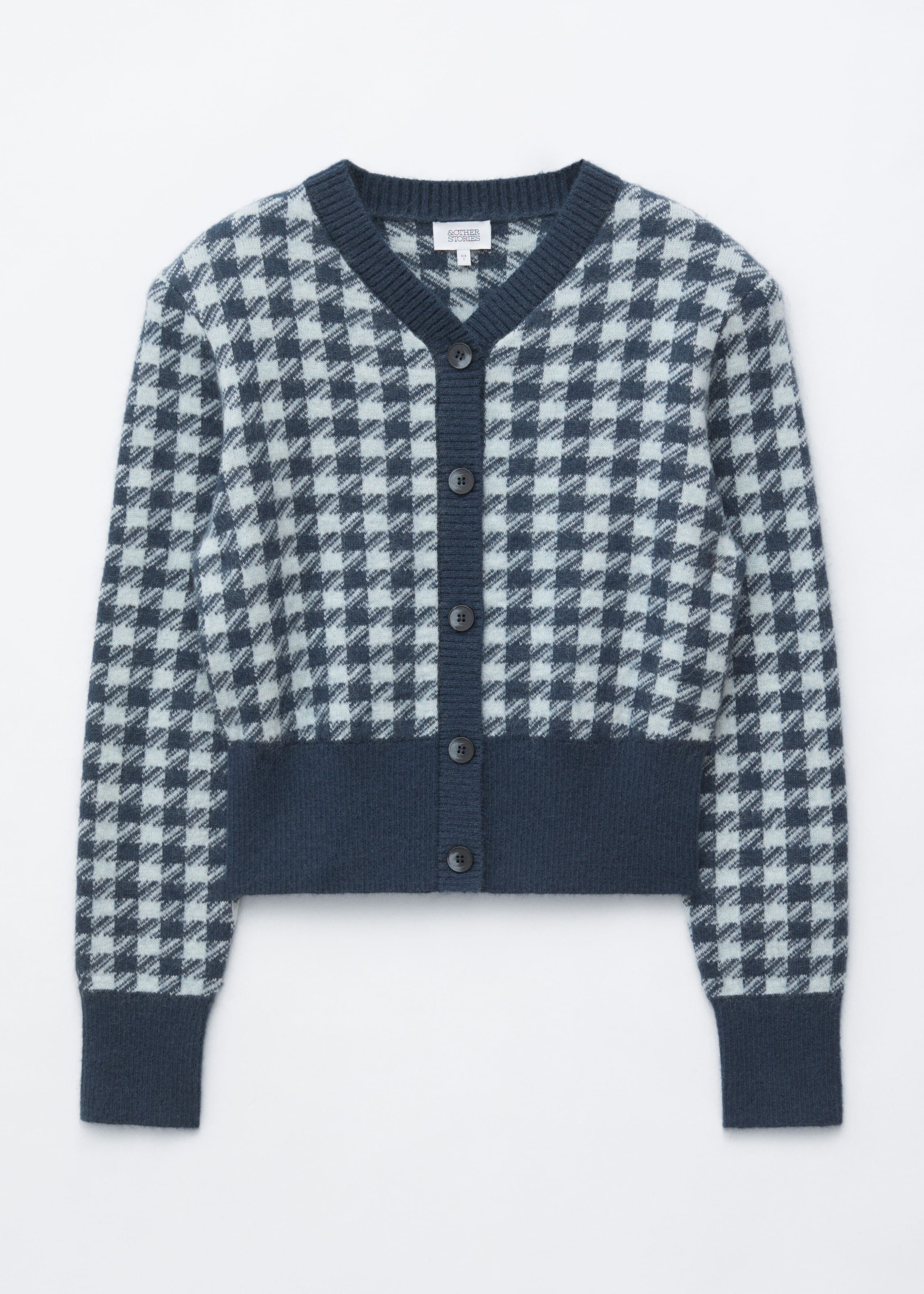 Mohair-Blend Jacquard Cardigan - Turquoise/Navy Houndstooth - Still Life