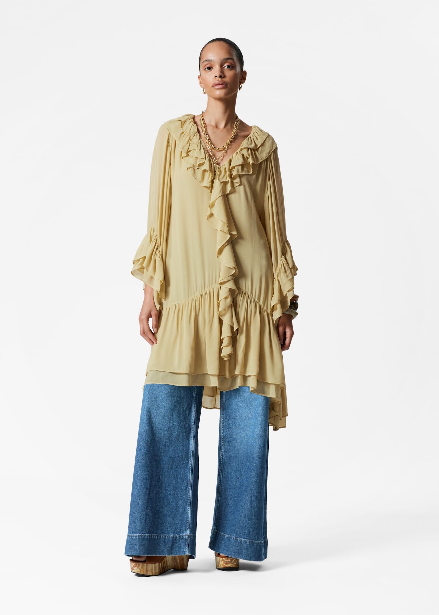 Robe courte à volants - Jaune/Bleu clair
