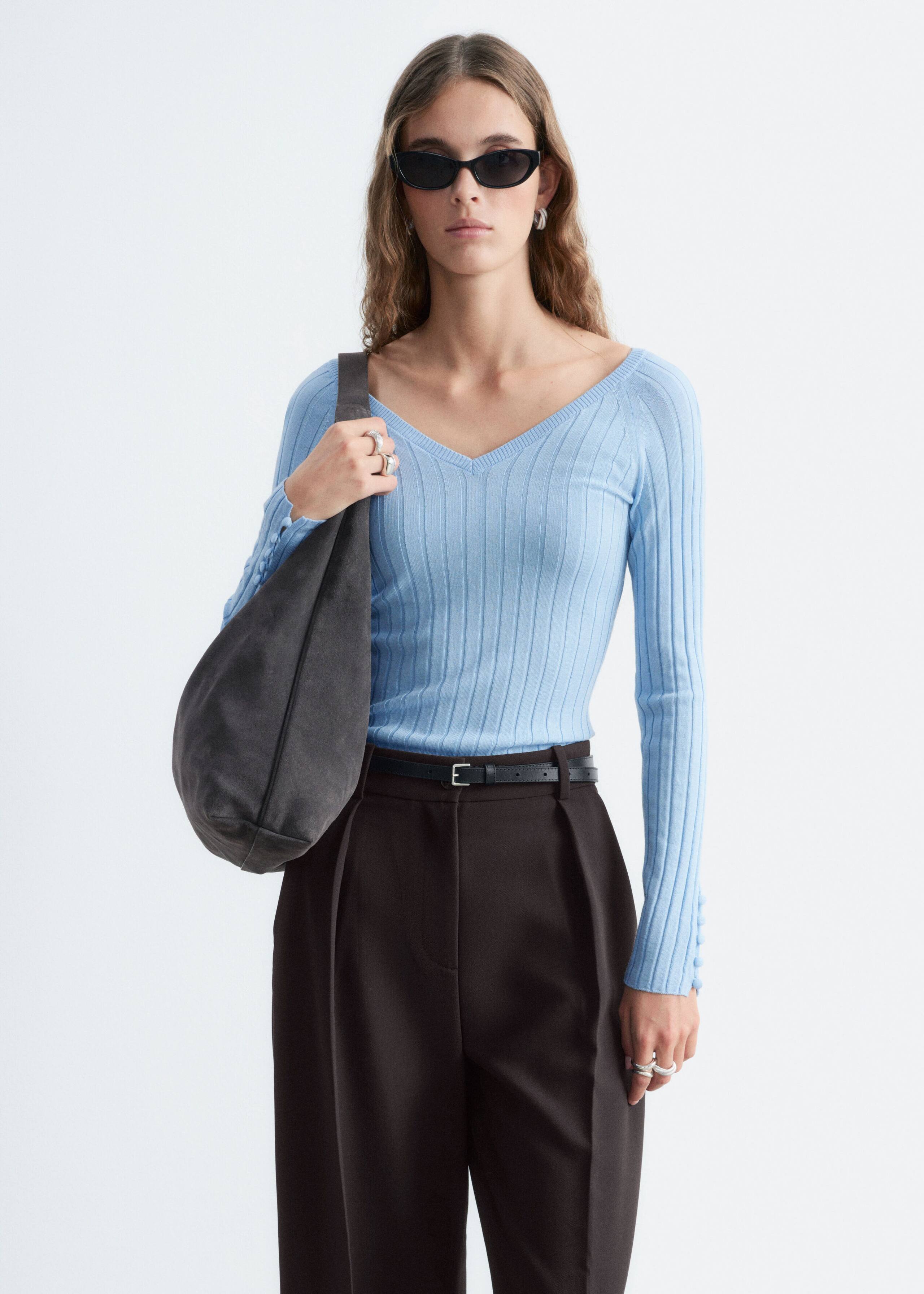 Ribbed Wool V-Neck Top - Light Blue - Lookbook