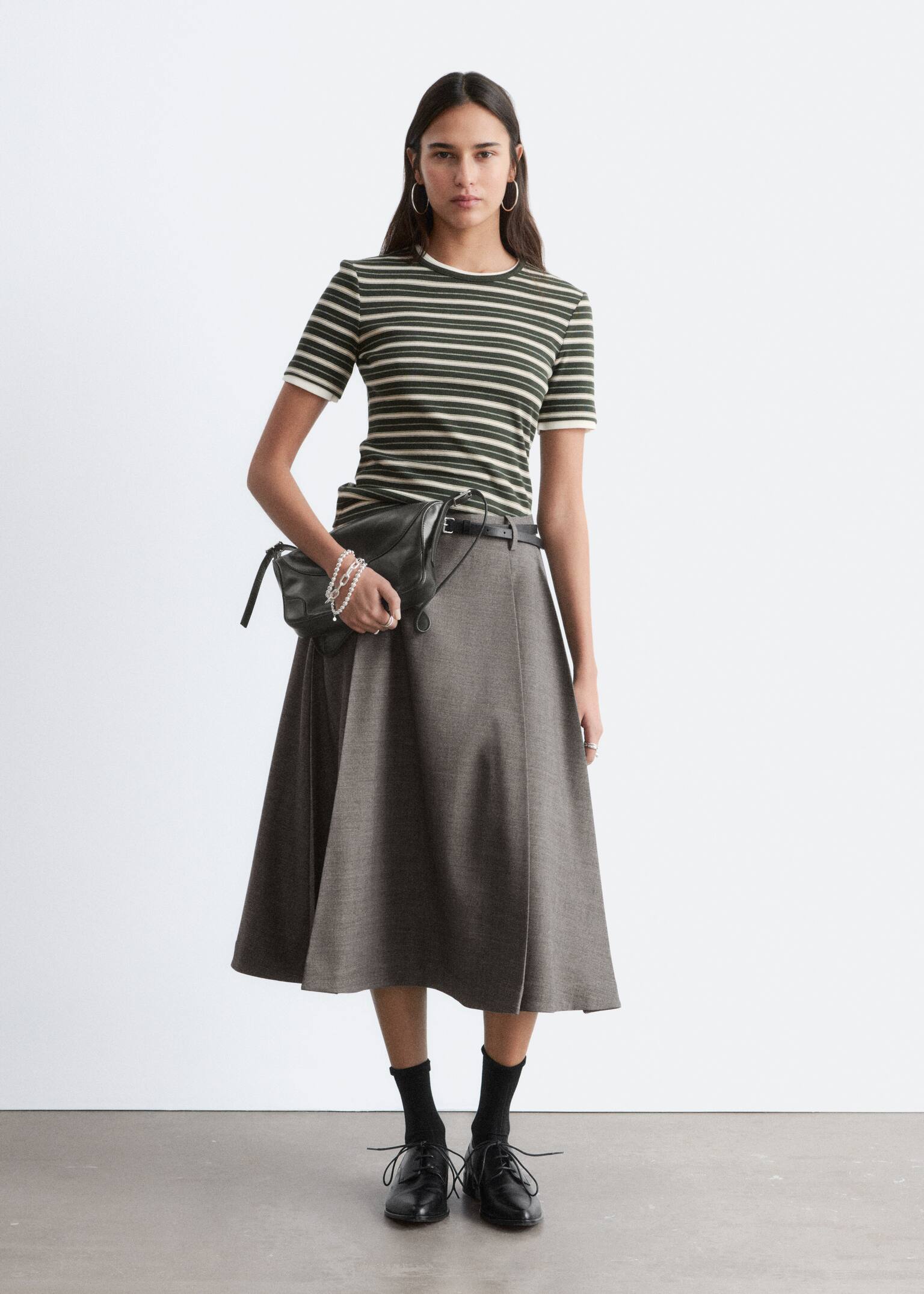 Ribbed T-shirt - Dark Green/Beige Stripes/White - 6