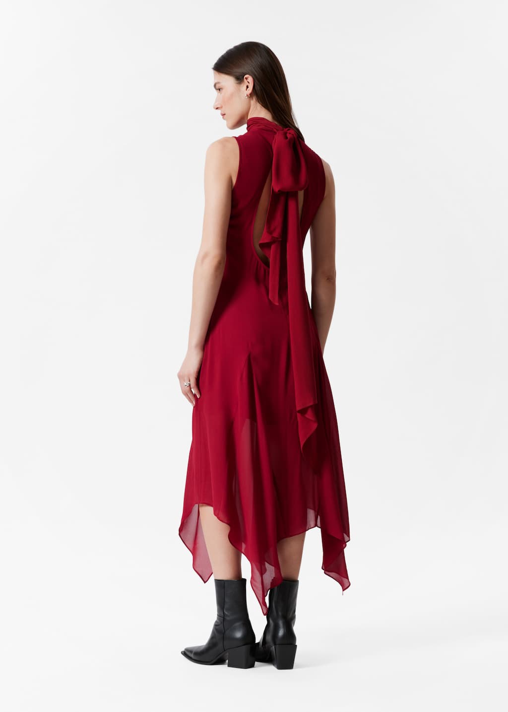 Scarf-Detail Midi Dress - Dark Red - Lookbook