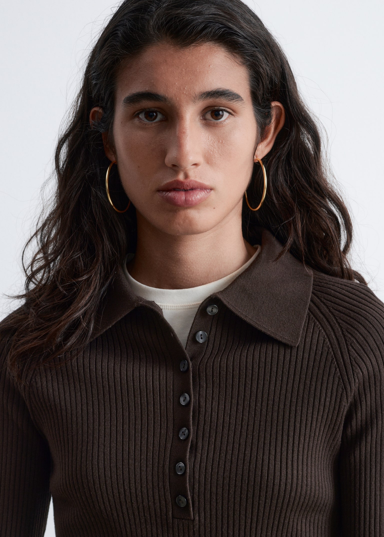 Rib-Knit Polo Shirt - Dark Brown/Caramel Brown/Light Blue - 6