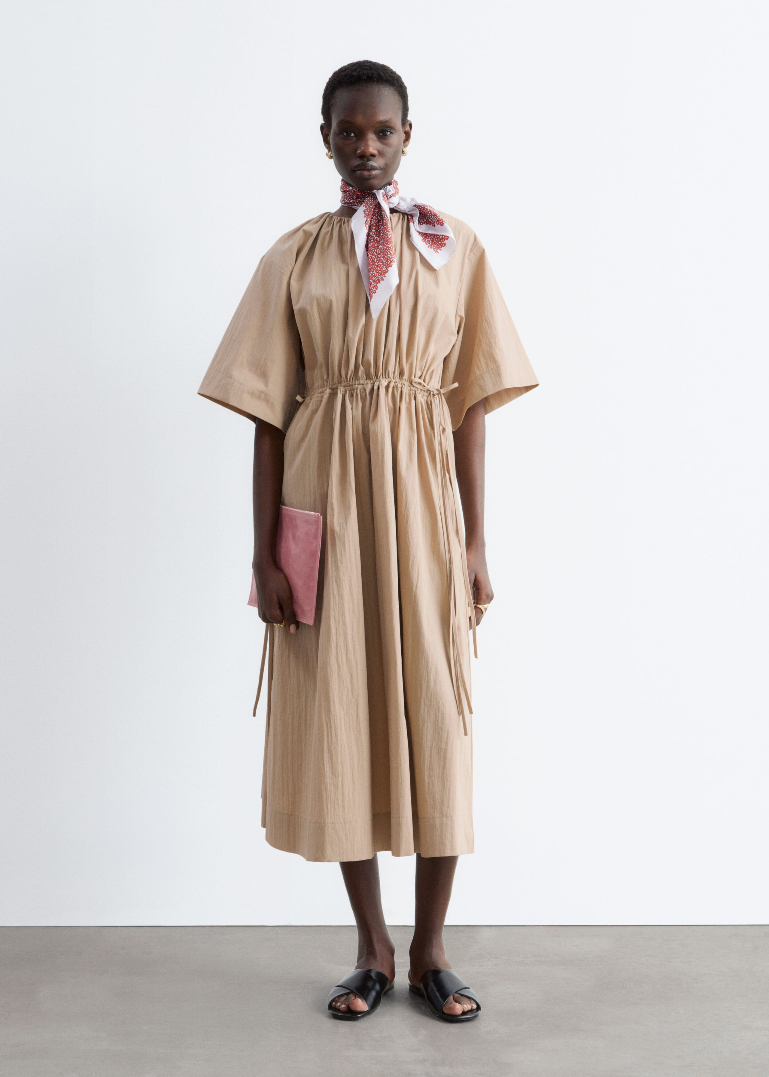 Drawstring Midi Dress - Beige - Lookbook