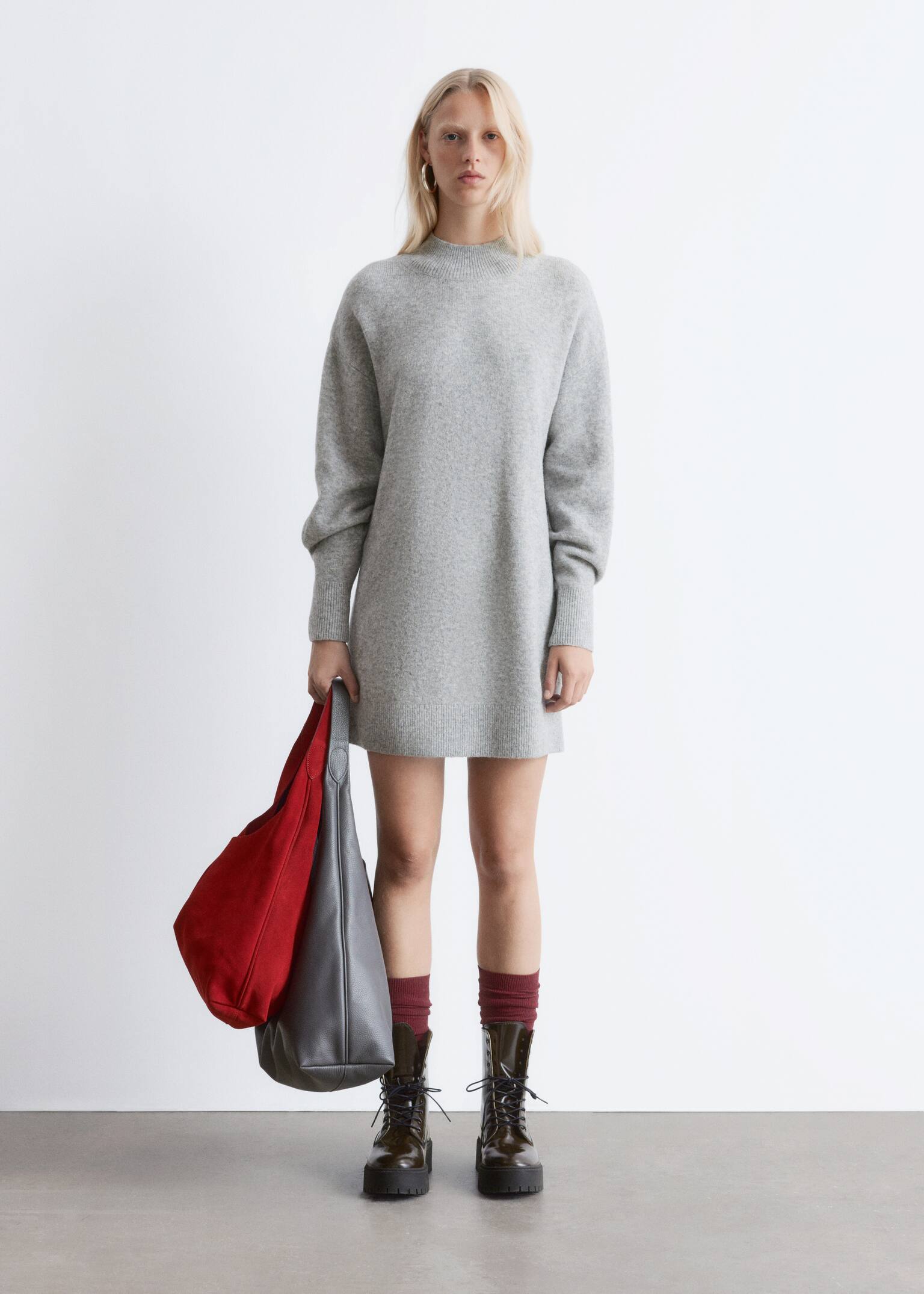Belted Mini Knit Dress - Grey/Black - 3