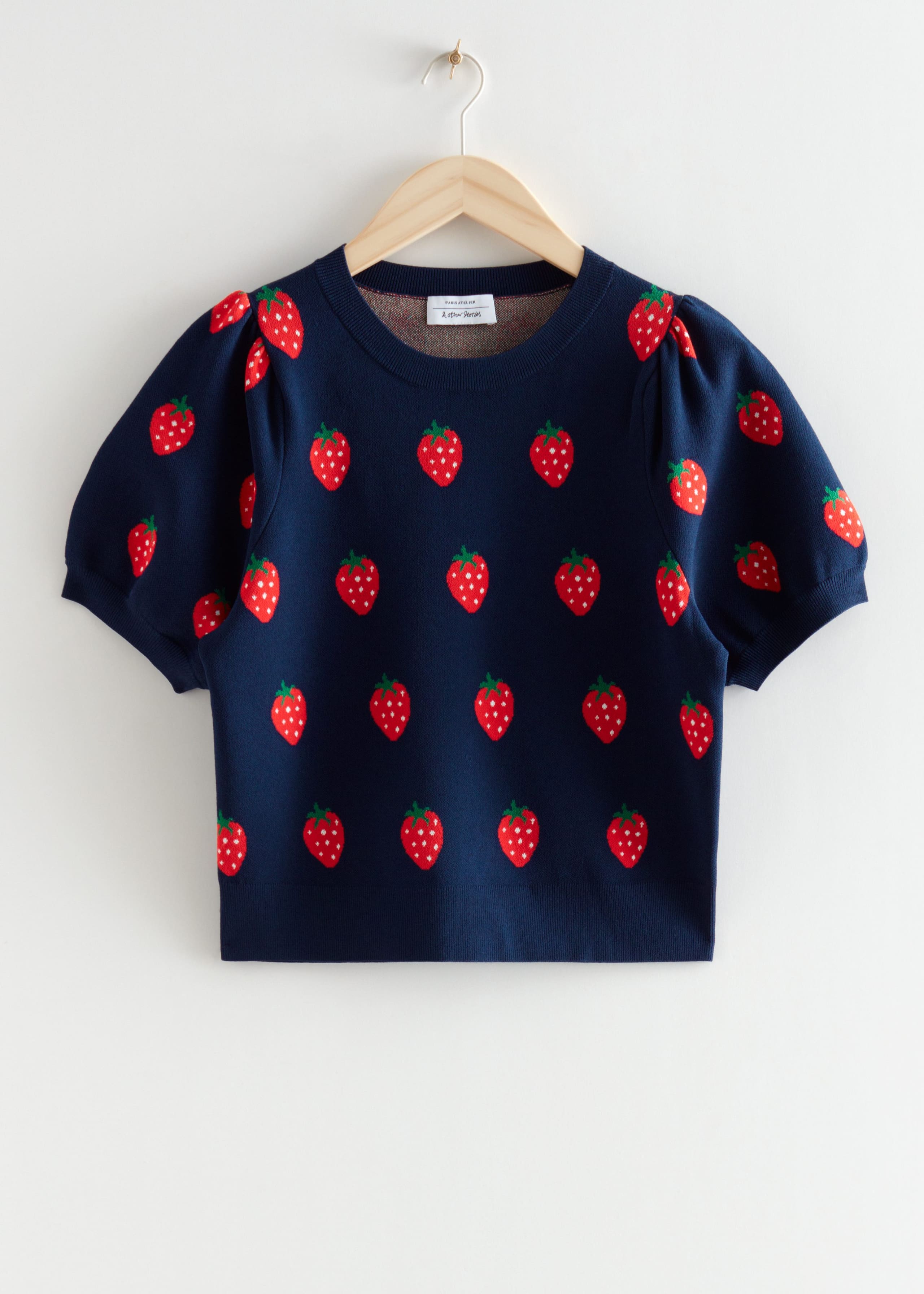 Playful Jacquard Knit Top - Strawberry Motif - Still Life