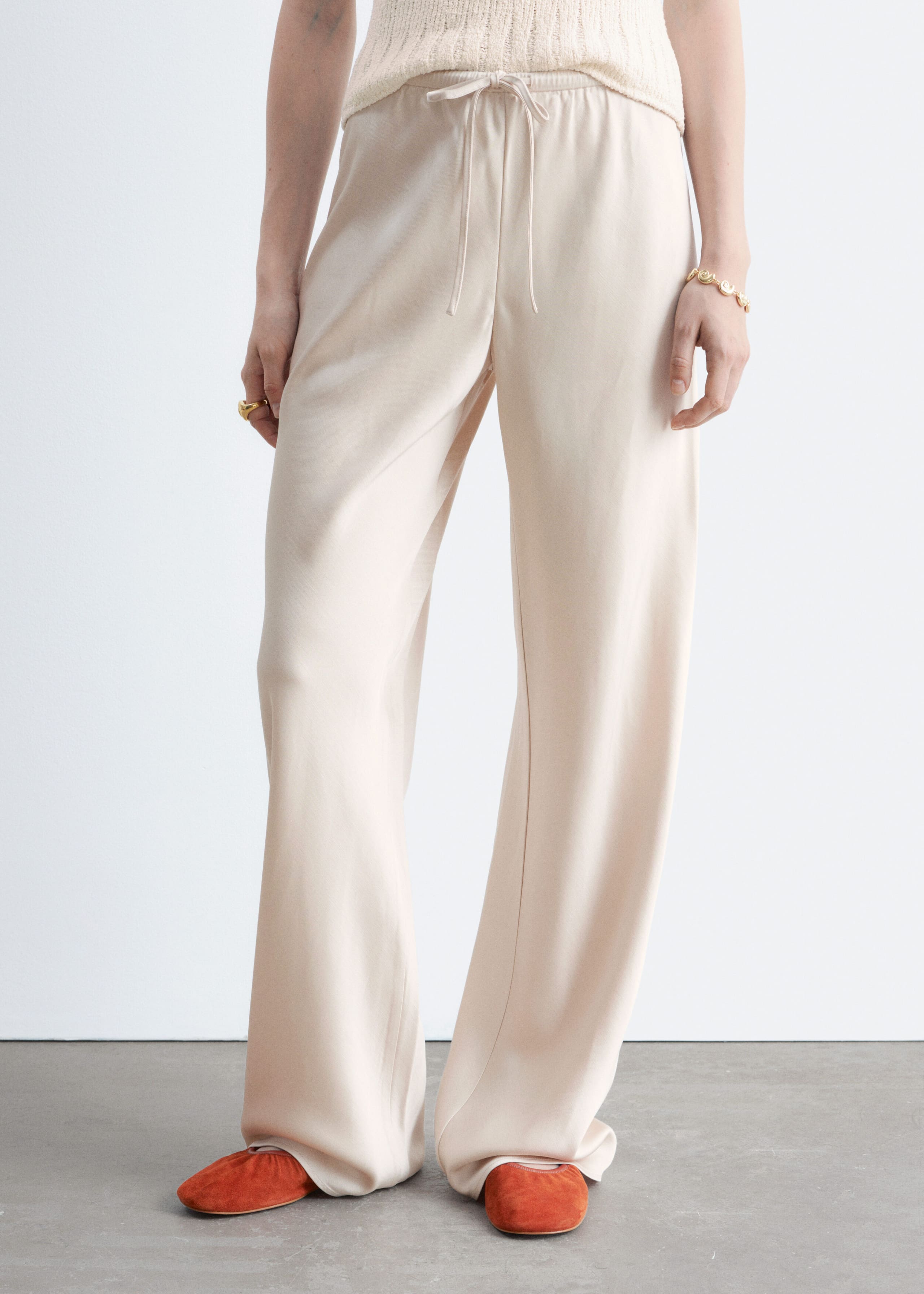 Satin Pull-On Trousers - Beige - Lookbook