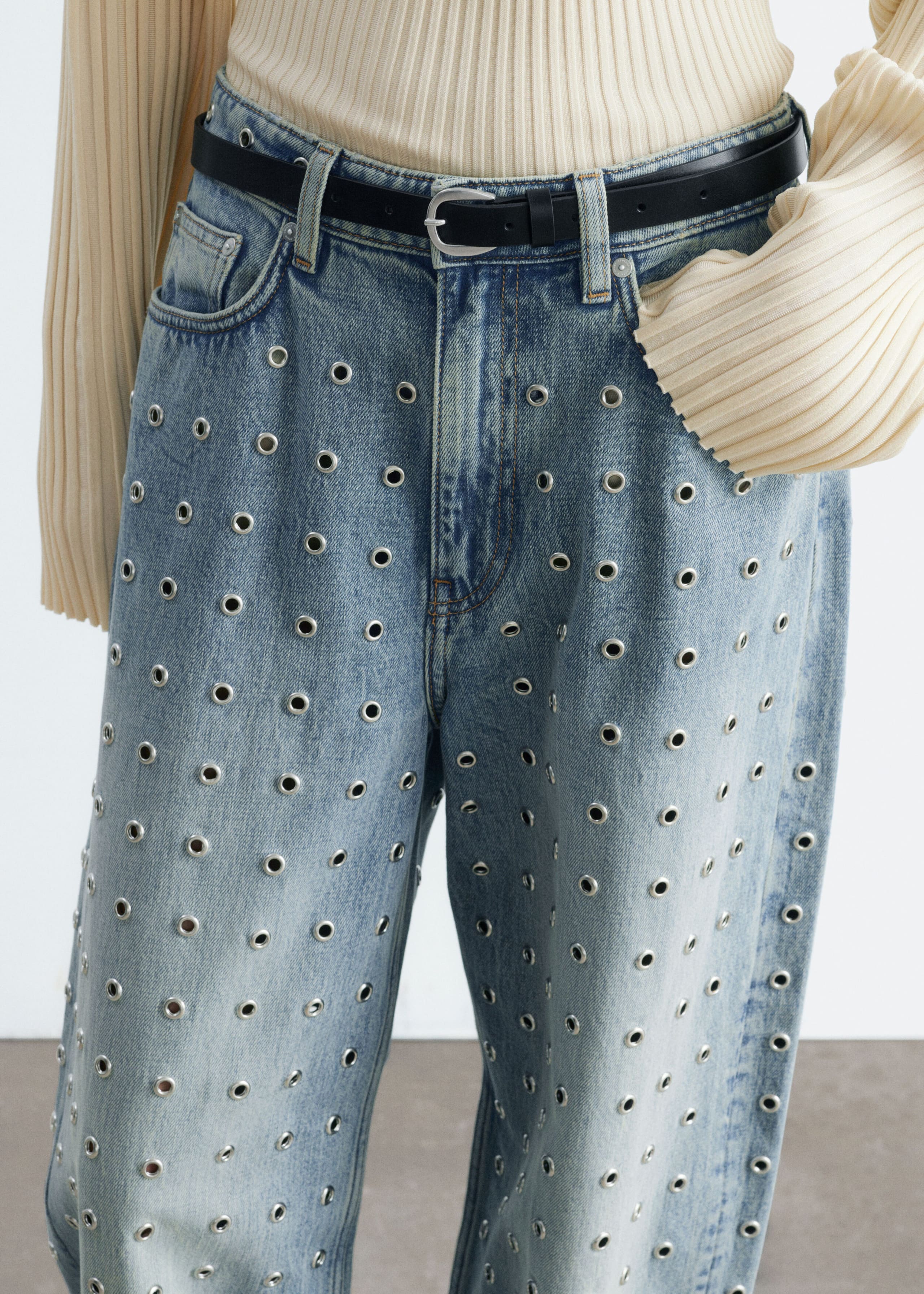 Wide-Leg Eyelet Jeans - Dusty Light Blue - Lookbook