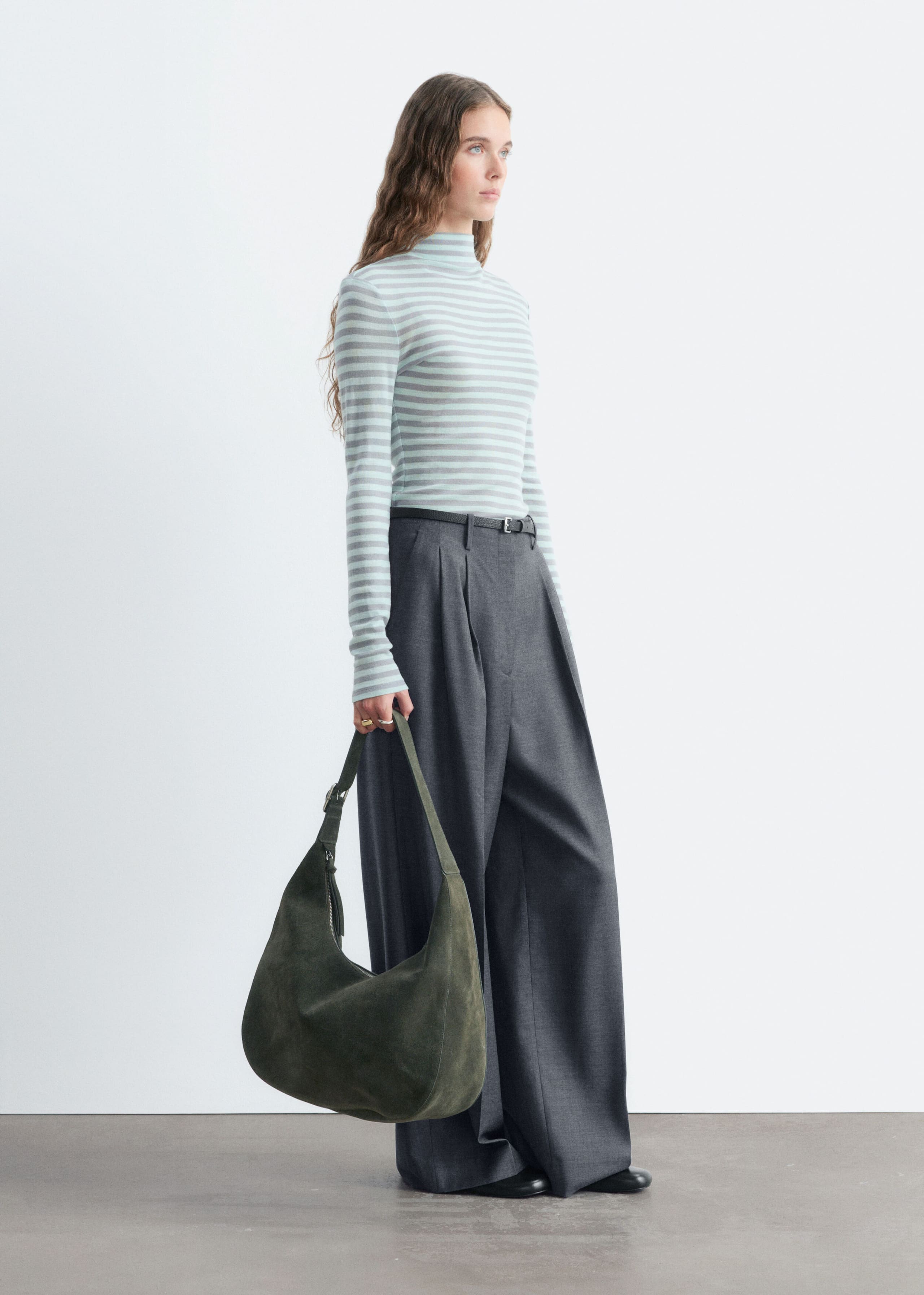 Wool Mock-Neck Top - Mint/Striped - Lookbook